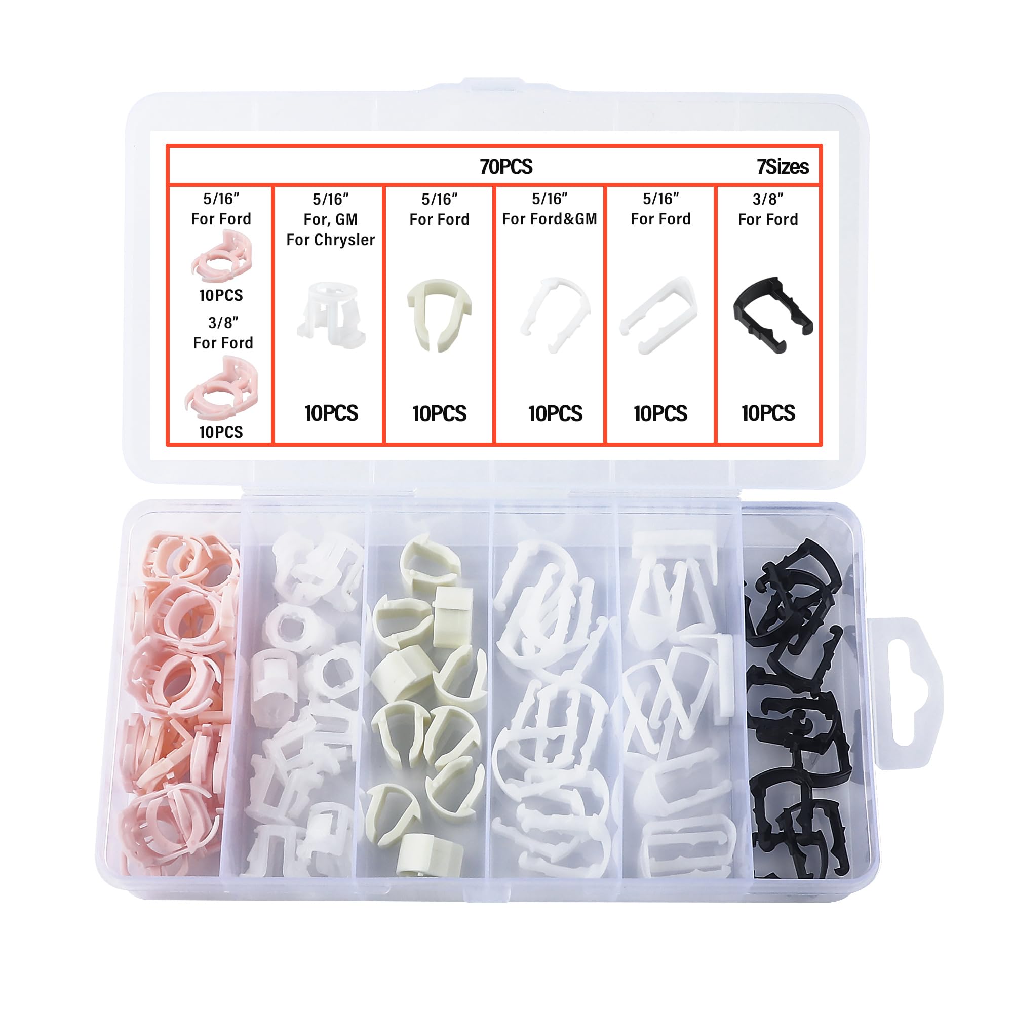70Pcs Car Fuel Line Clips,7 Size Nylon Fuel Line Repair Kit Replacement 3/8 '' & 5/16 '' Fuel Line Clamp,Durable Fuel Hose Retai