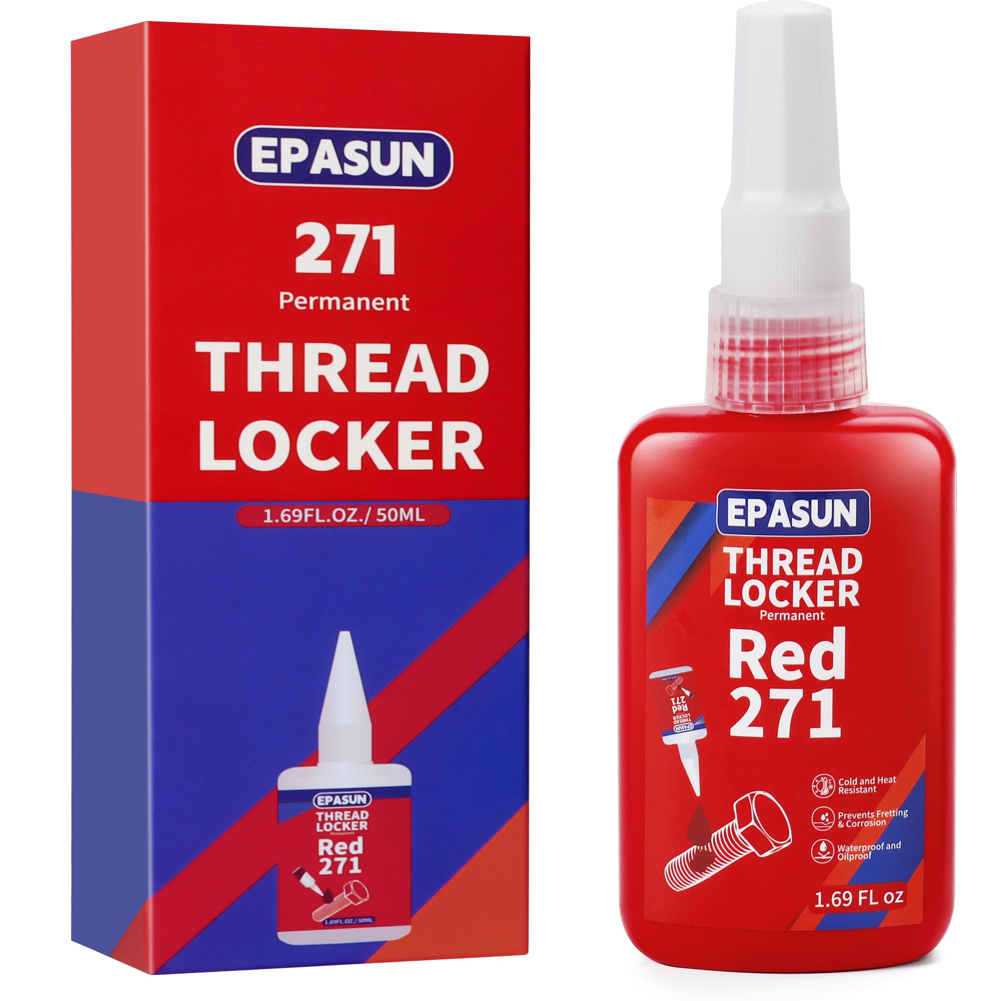 Epasun 50Ml Threadlocker Red 271, Thread Lock Strong Strength Lock Tight For Nuts, Bolts, Fasteners, And Metals To Prevent Loose