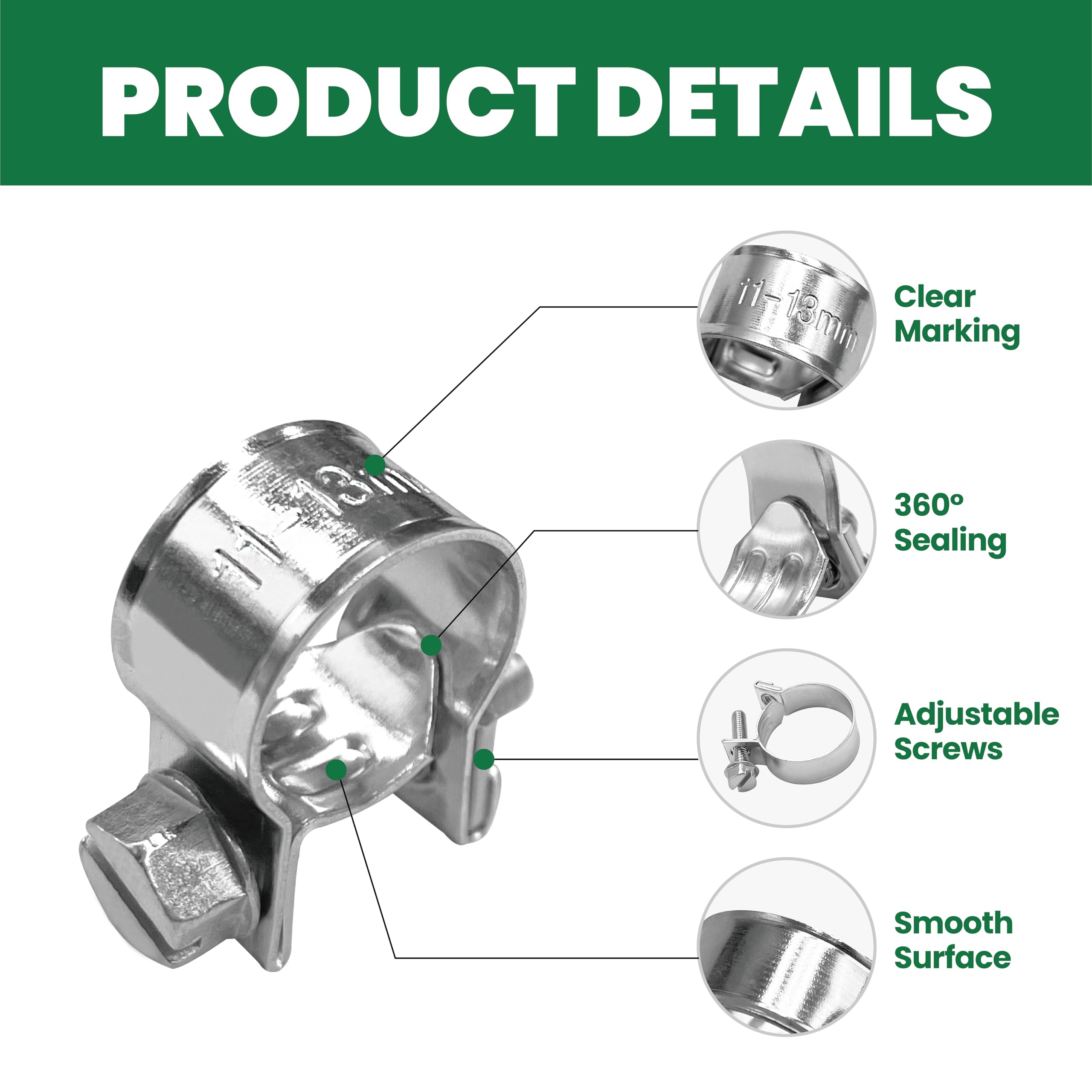 LAR-ME 1/4'' Mini Fuel Injection Hose Clamps, 20PCS Gas Line Hose Clamp, Adjustable Pipe Hose Clip Tube Clamps for Automotive,Ag
