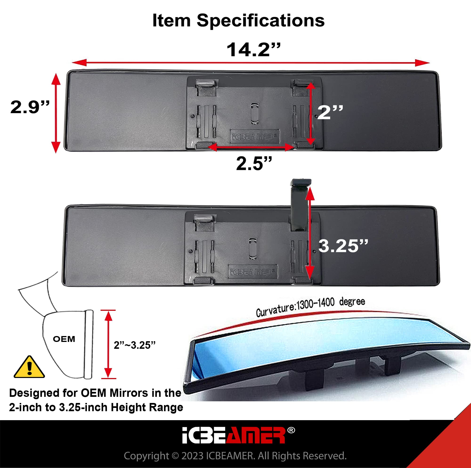 Icbeamer 14.2'' Car Rear View Mirror, Clear Blue Tint Convex Surface, 360Mm Panoramic Wide Angle Blindspot Mirror For Car,Rubber
