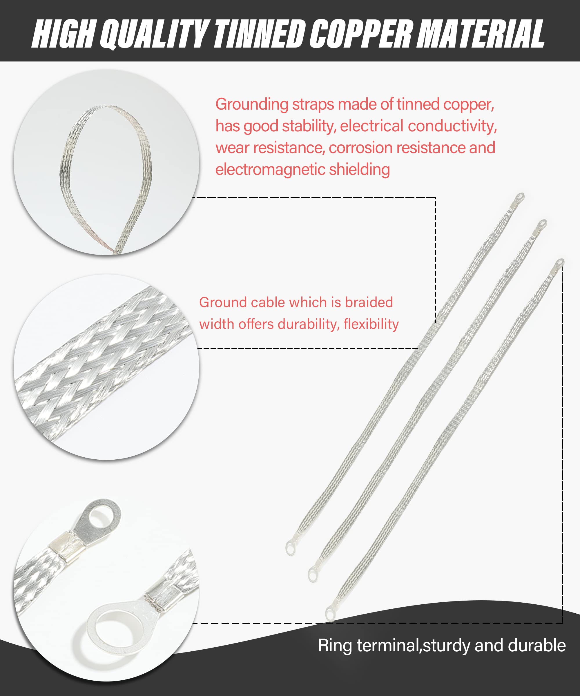 Zlirfy Automotive Ground Strap Kit,Universal Flat Braided Copper Ground Strap,3Pcs 10'' X 1/2'' And 2Pcs 13'' X 1/2'' Car Ground