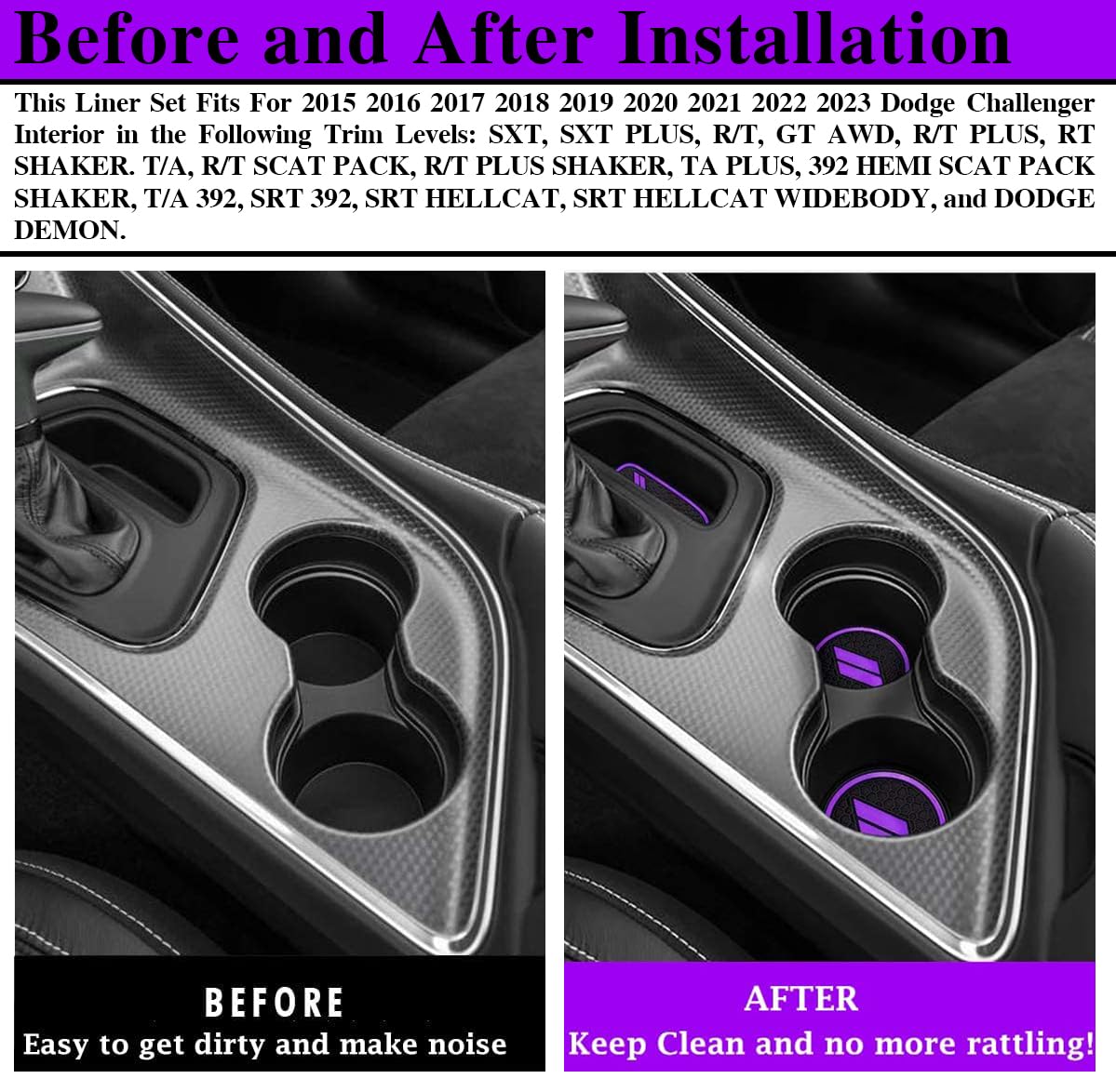 Auprite Non-Slip Anti Dust Mats For Dodge Challenger Accessories 2015 2016 2017 2018 2019 2020 2021 2022, Custom Fits Cup Holder Liners Mats Door Pocket Center Console Liners (Purple/11Pcs)