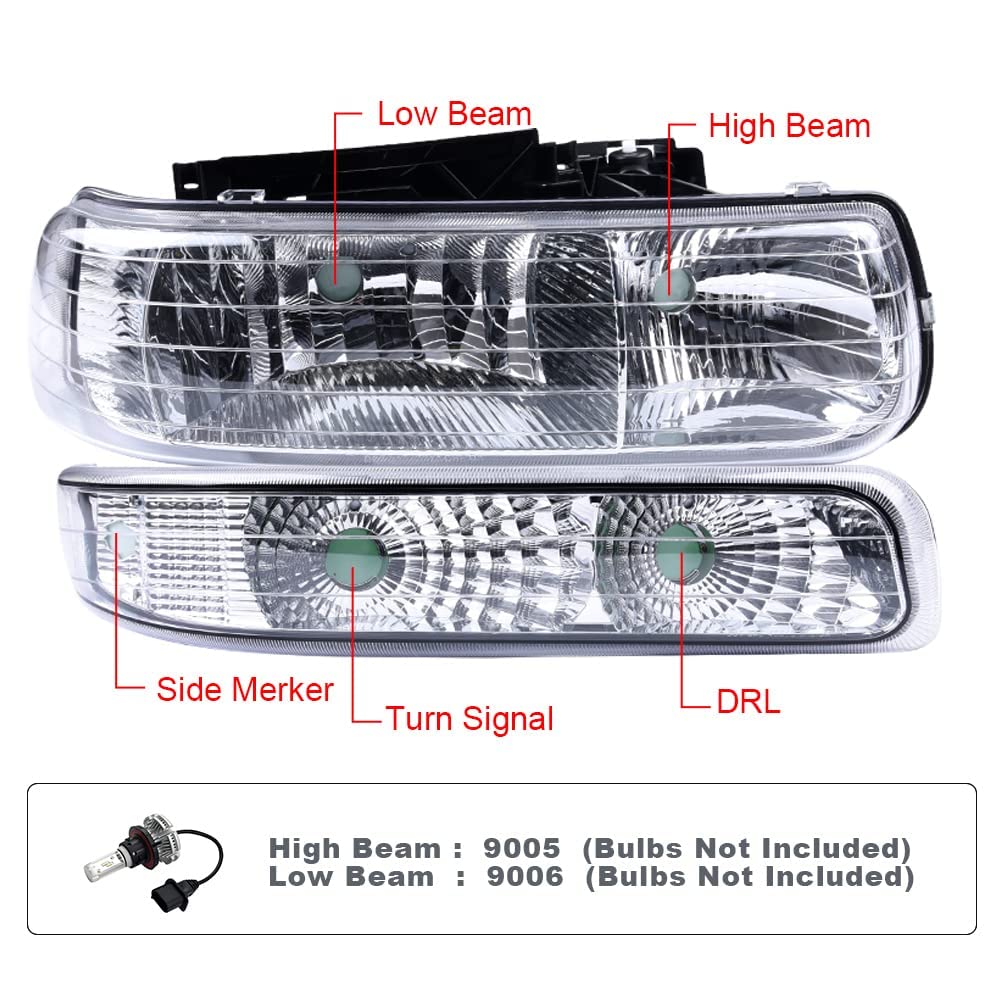 Pit66 Headlight Assembly Compatible With Chevy Silverado 1500 2500 99-02/Fit Silverado 1500Hd 2500Hd 3500 01-02/Fit Tahoe Suburb