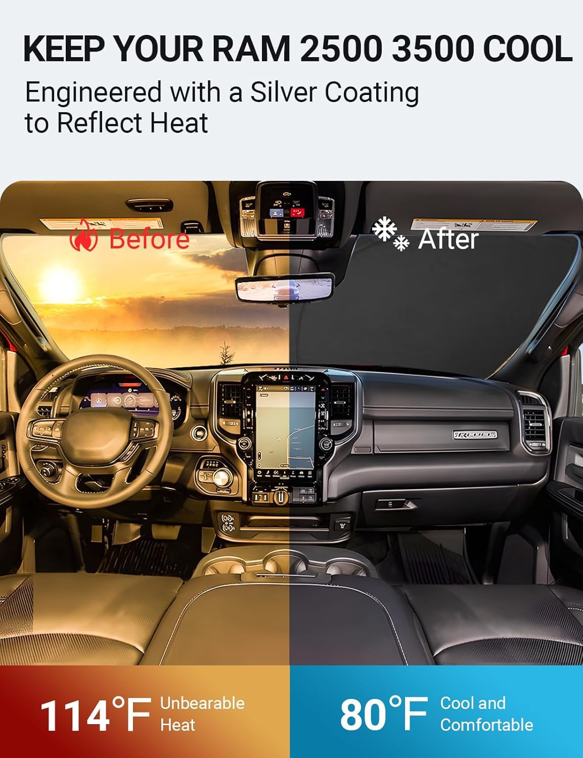 Proadsy 2025 Upgrade Windshield Sun Shade Custom Fit Dodge Ram 2500 3500 2010-2024 2025 4-Layer Foldable Front Sunshade Protecto