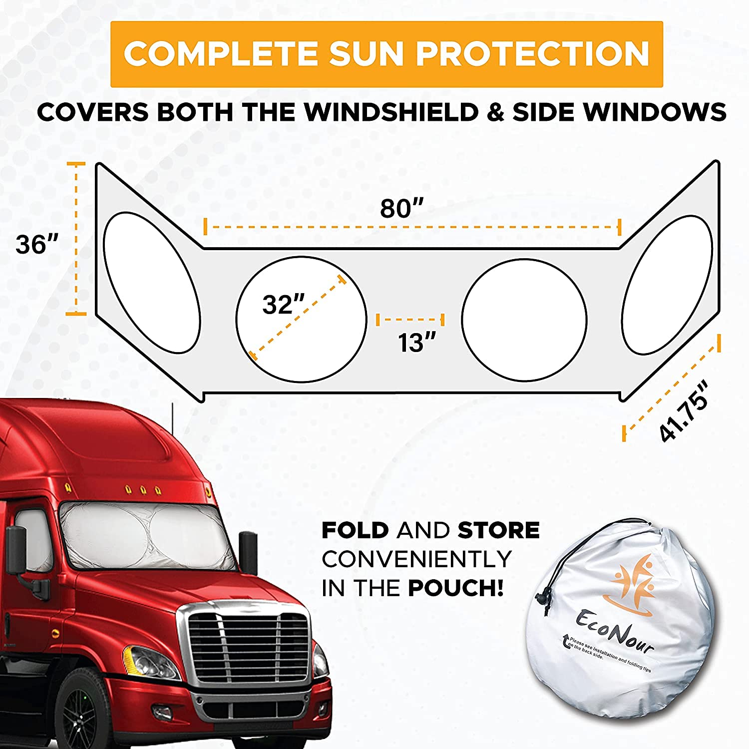 Econour Semi-Truck Patriotic Flag Printed Sun Shade For Windshield And Side Windows | 240T Sunshade For Truck Windshield To Bloc
