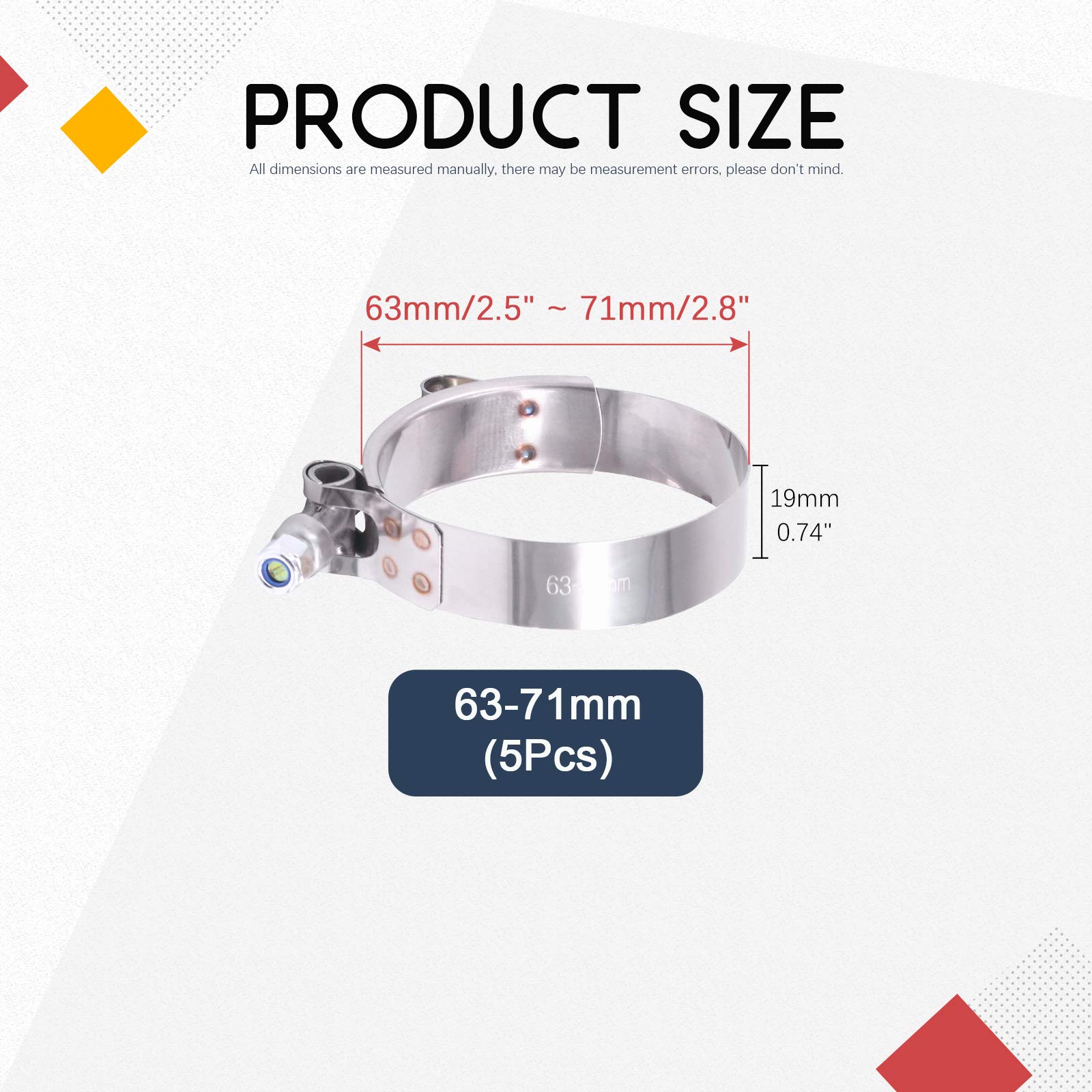 Hilitchi 5Pcs Stainless Steel T-Bolt Clamps With Rounded Band Edges Heavy Duty Turbo Intake Intercooler Clamp (63-71Mm) For 2 1/4 Inch