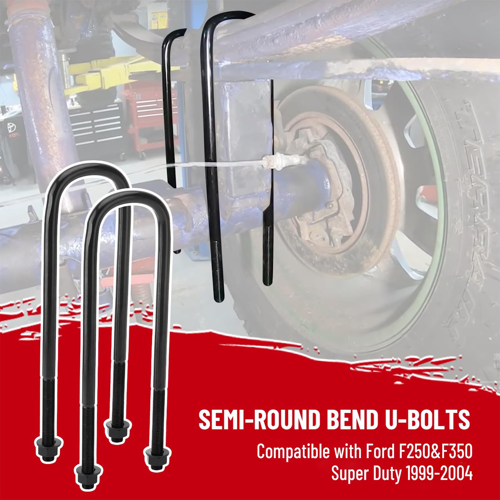 Racewill 4pcs Semi-Round Bend Front U-Bolts Compatible with Ford F250 F350 Super Duty 4WD 1999-2004 12.5 Long x 3 Wide x 9/1