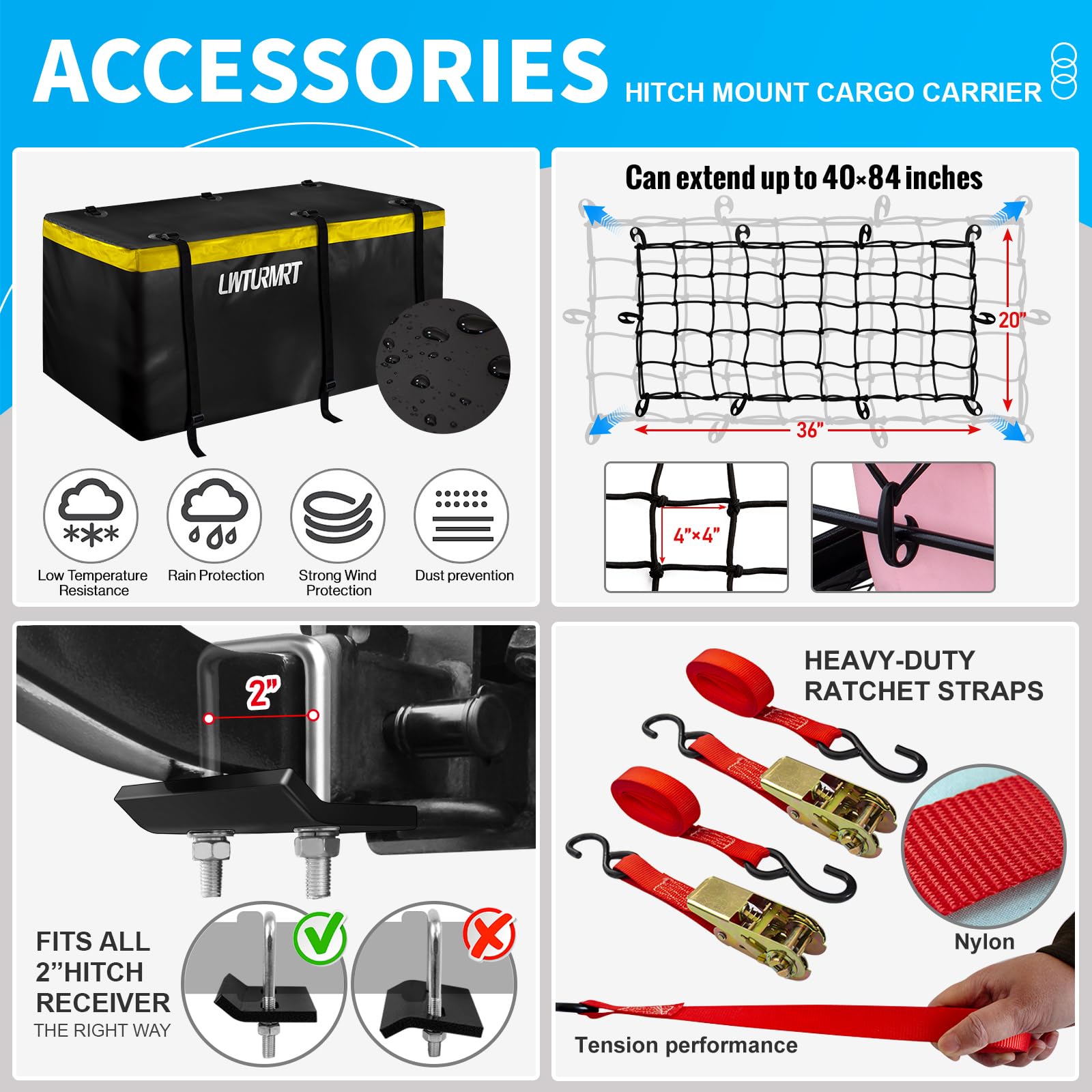 LWTURMRT Trail Hitch Mount Cargo Carrier Basket 58 x 24 x 14 Folding Vehicle Cargo Baskets Fits 2 Receiver with 2 Hitc