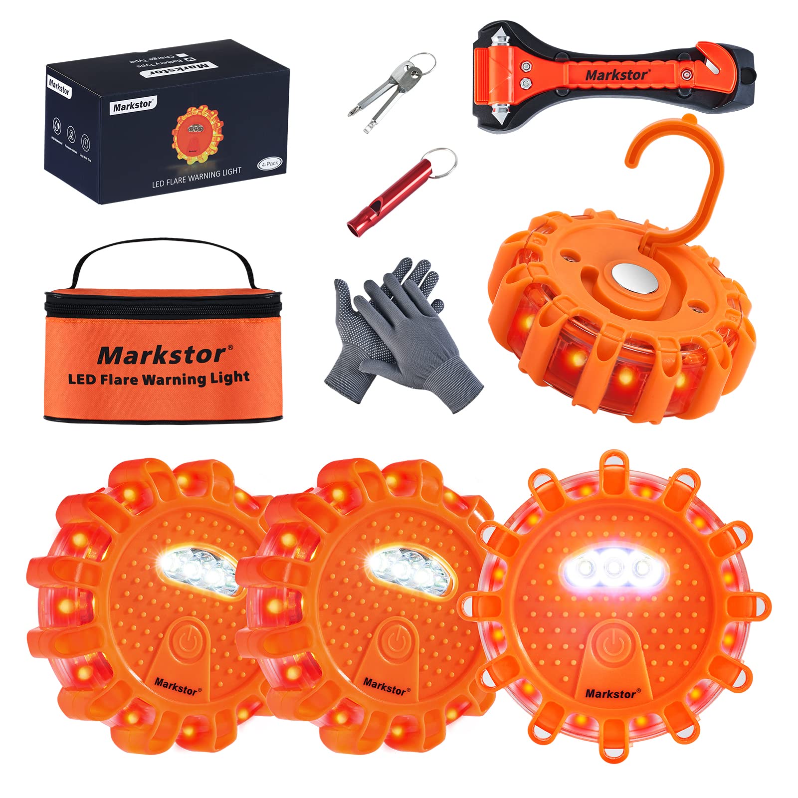 Markstor 4 Pack Led Road Flares Emergency Car Kit 9 Flash Amber Roadside Emergency Flares Beacon For Vehicle 4 Beacons Disc Pack With A Whistle,Glove,Hammer (No Battery)