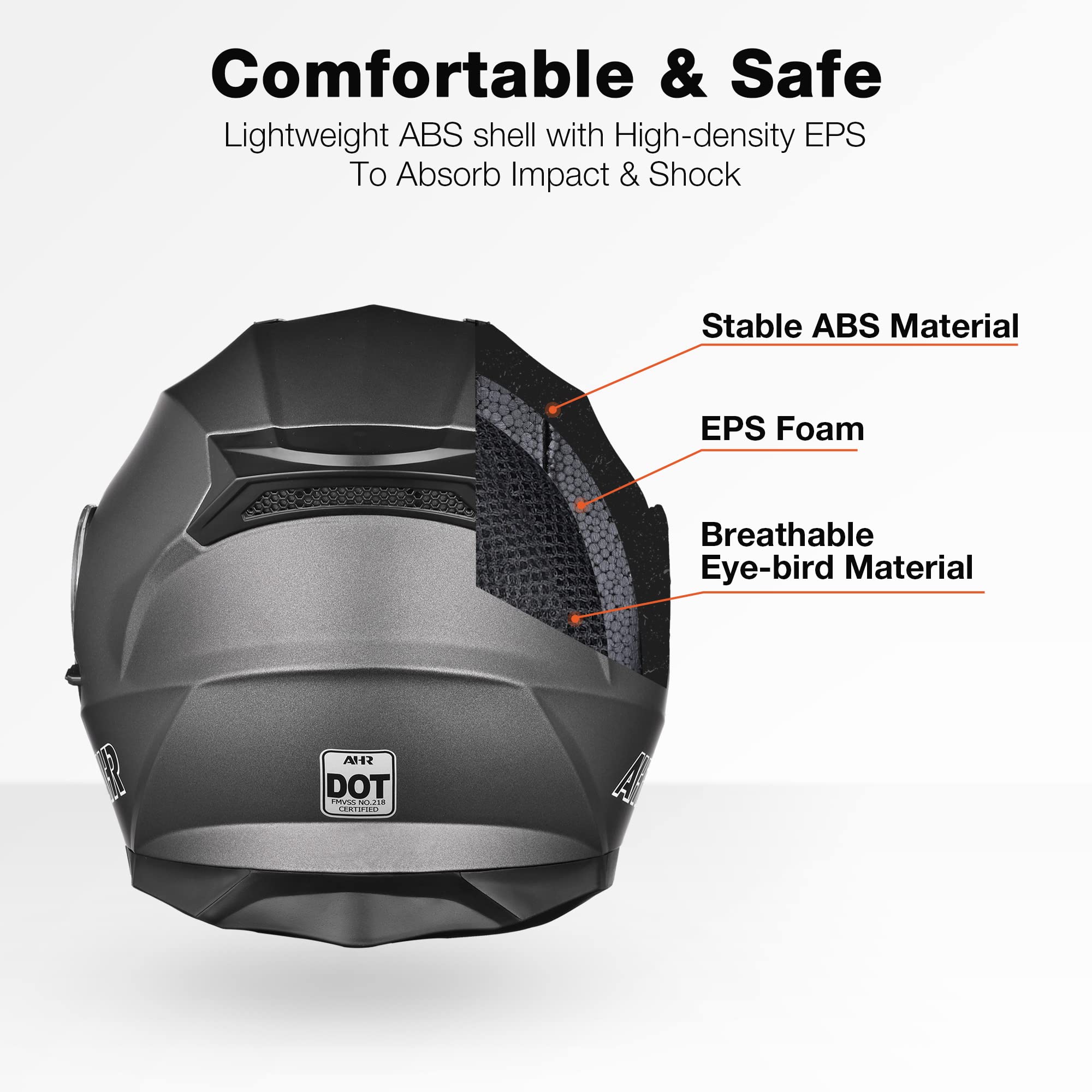 AHR Motorcycle Helmet Modular Full Face DOT Approved, Small, Dark Grey, Model RUN-M3, Durable ABS Material for Adult Motorbike Racing