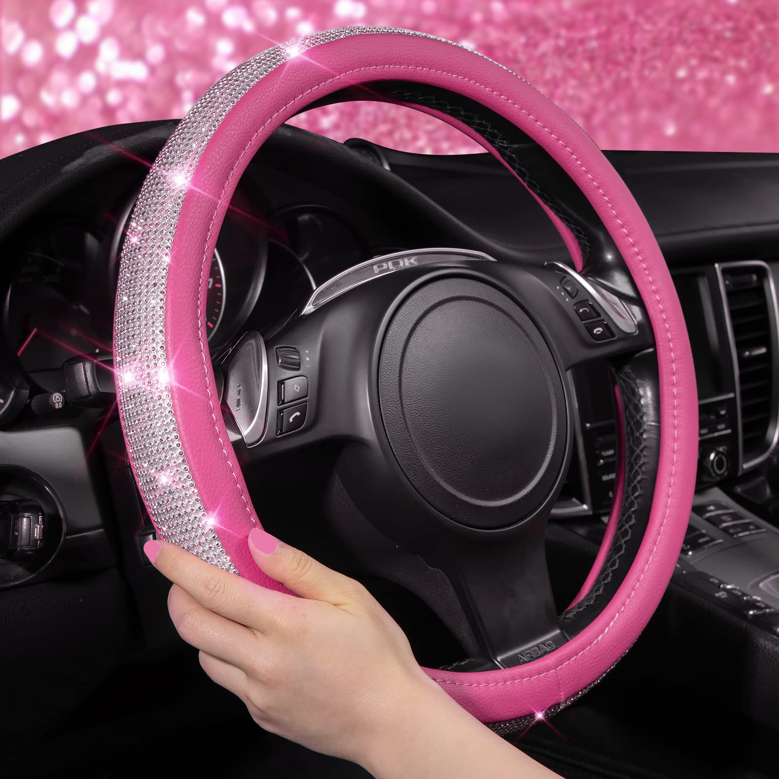 Car Pass Diamond Pink Leather Steering Wheel Cover, With Bling Crystal Rhinestones Universal Fit 14 1/2-15 Crystal Glitter For Women Sparkle Girl Fit Suvs,Vans,Sedans,Cars,Trucks, Pink Diamond