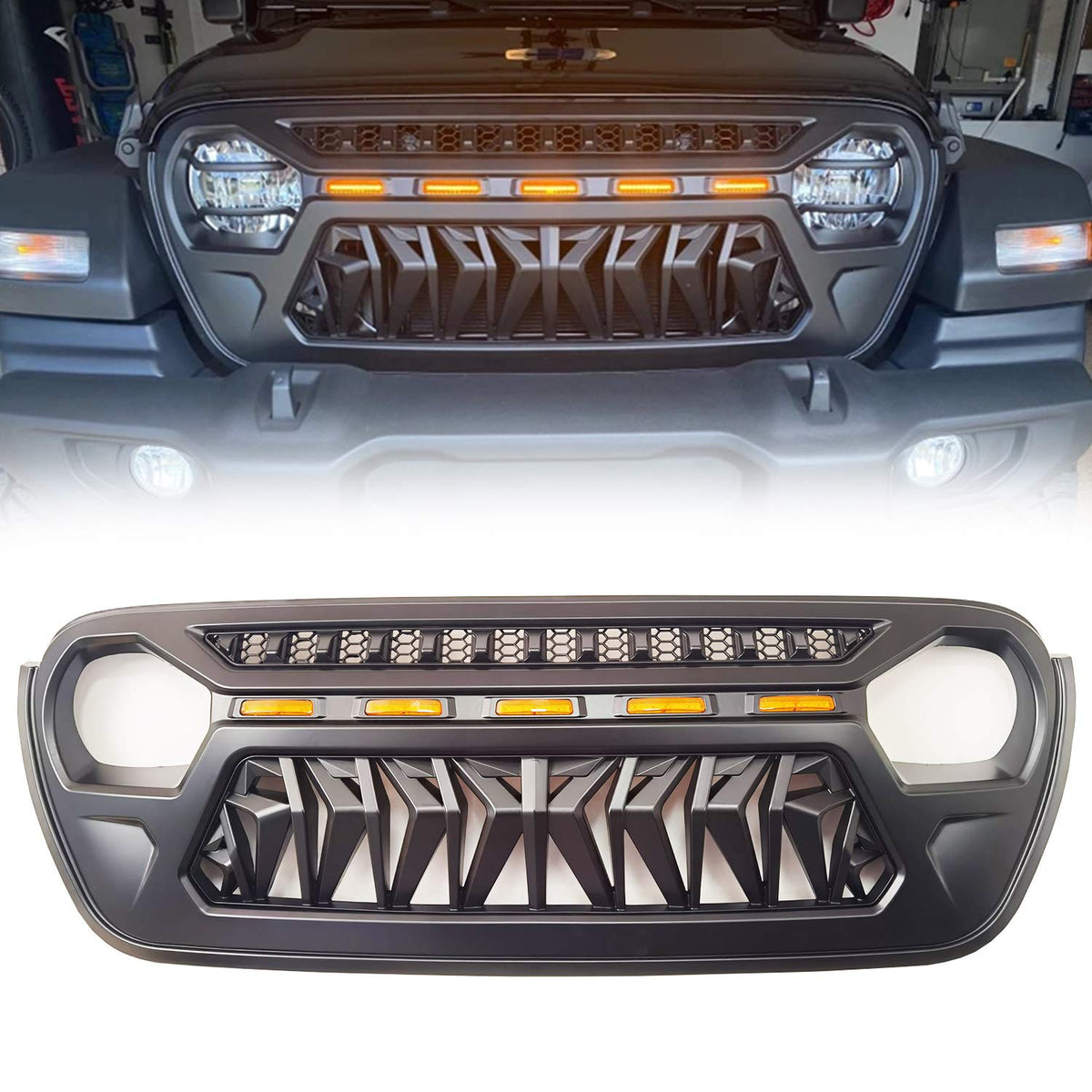 ToxicStorm Mesh Grille Front Grill Cover Matte Black with Amber LED Running Lights for 2018 and Up Jeep Wrangler JL JLU JT Gladi