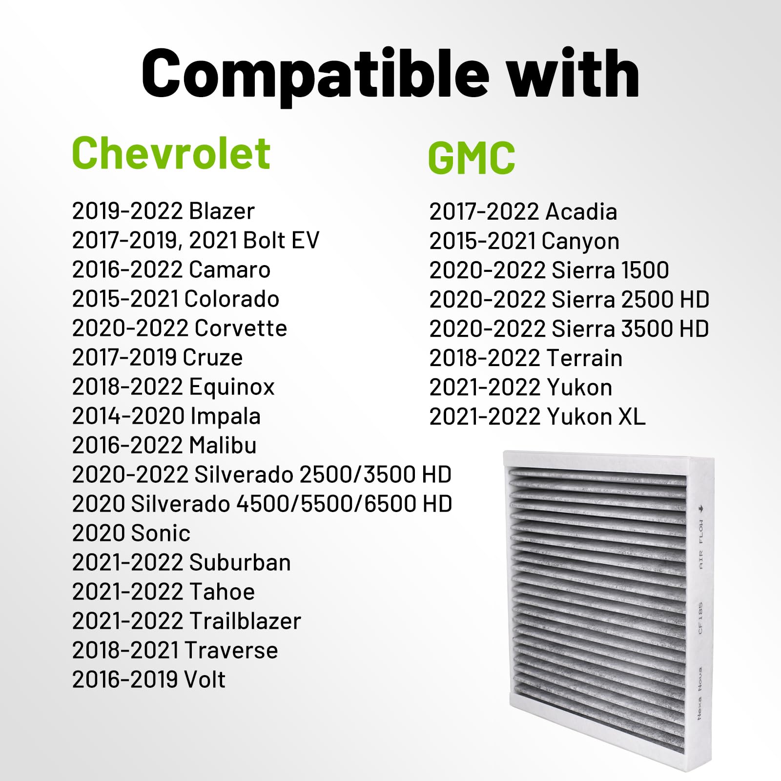 Nexanova Cf185 Cabin Air Filter Fits 2014-2022 Chevy/Gmc/Cadillac/Buick Silverado Camaro Colorado Cruze Sonic Equinox Impala Mal