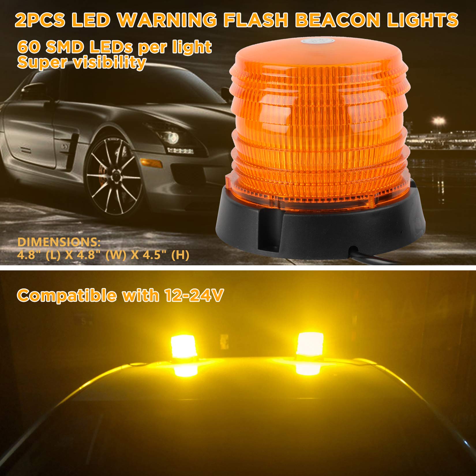 Aspl 2Pcs Led Warning Flash Beacon Lights, 60 Led Amber Warning Safety Flashing Strobe Lights With Magnetic And 16 Ft Straight C