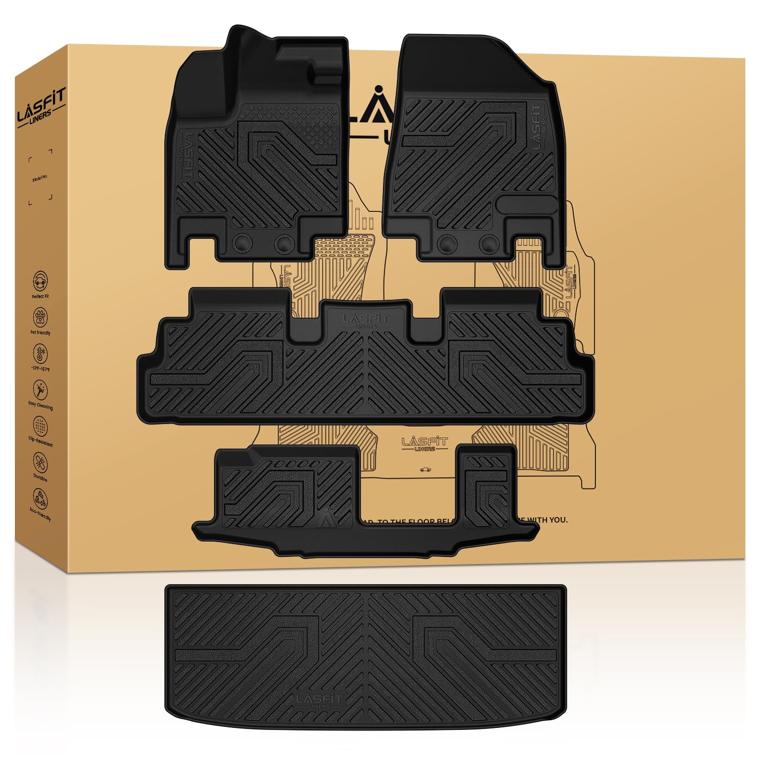 Lasfit Floor Mats & Cargo Mat For Nissan Pathfinder 2022-2025 Only Fit 8-Seater (Not Fit 7 Seats), All Weather Tpe Custom Fit Du