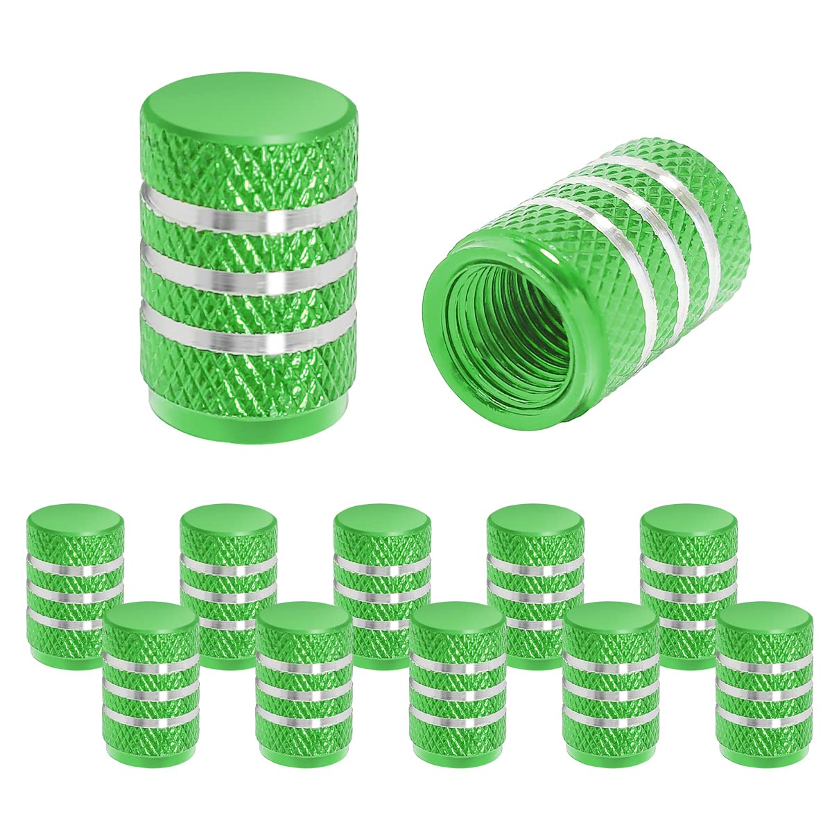 Tire Valve Stem Caps, 12 Pcs Dustproof Corrosion-Proof Premium Metal Rubber Seal Tire Valve Caps, Universal Fit For Cars, Suvs, Bike And Bicycle, Trucks, Motorcycles (Green/Silver)