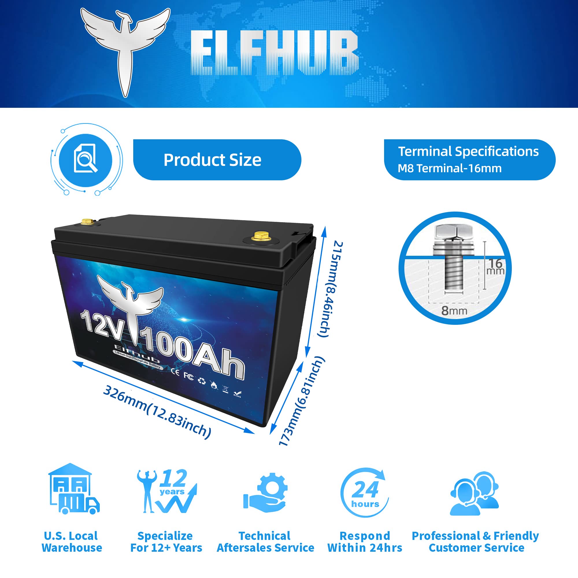 Elfhub 12V 100Ah Lifepo4 Lithium Battery, Upgraded 100A Bms, 10-Year Lifespan With Up To 15000 Cycles, Max. 1280Wh Energy,Perfect For Rv, Solar, Trolling Motor