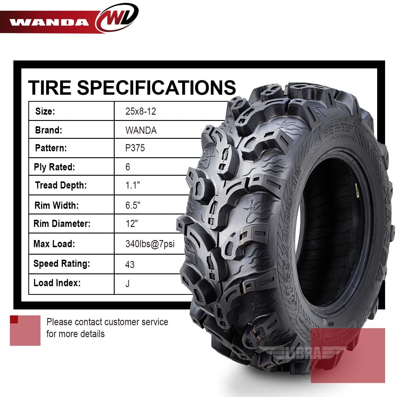 Wanda Set 4 Premium Atv/Utv Tires 25X8-12 25X8X12 Front & Rear Super Lug Mud