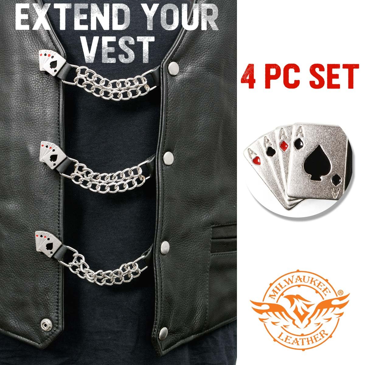 Milwaukee Leather 4 Aces Medallion Vest Extender - Double Chrome Chains Genuine Leather 6.5'' Extension 4-PCS MLA6007SET - 4 Inc