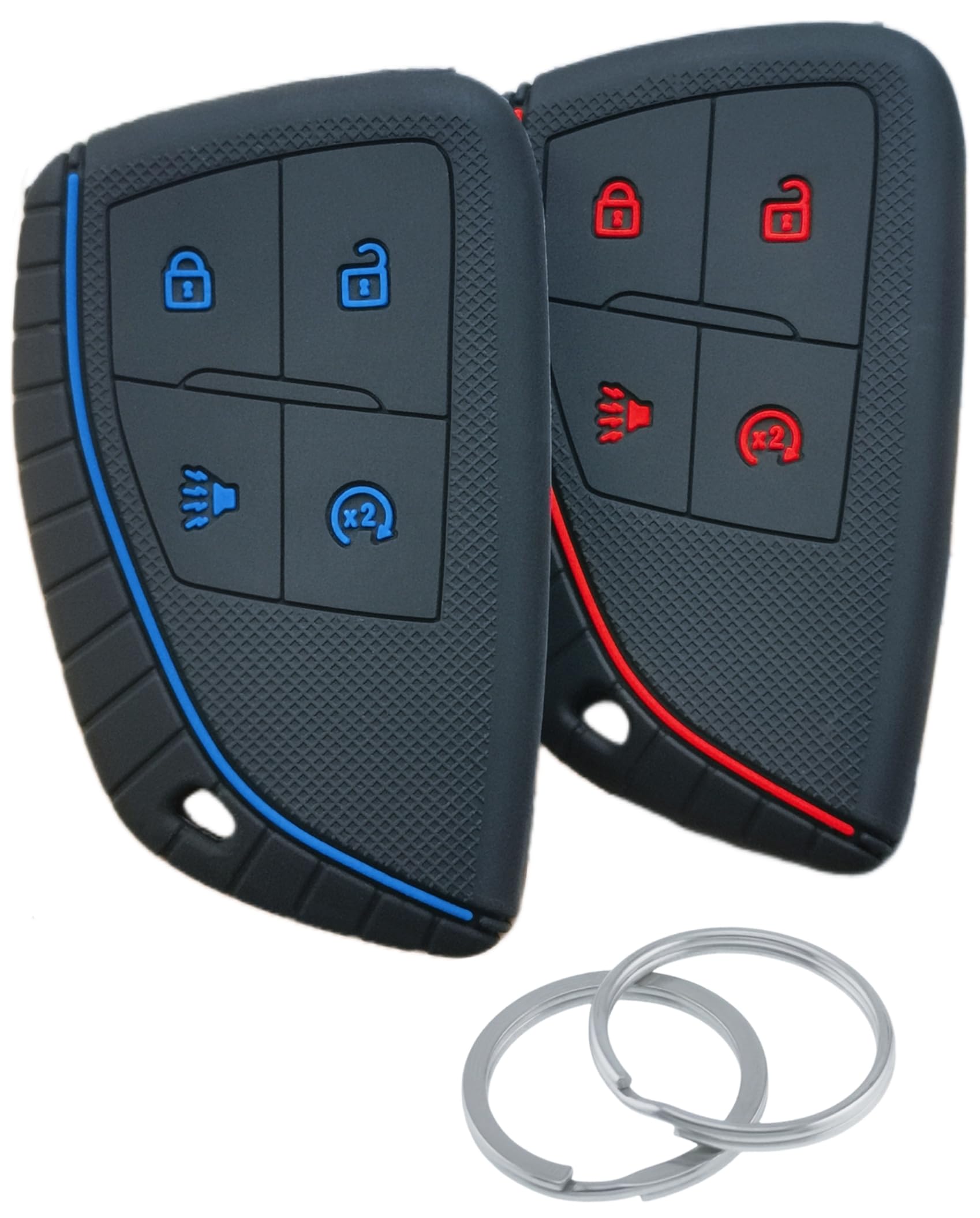 RUNZUIE 2Pcs 4 Buttons Silicone Smart Key Fob for 2023 2024 Chevy Chevrolet Colorado Key Fob Cover (Black with Blue/Red)