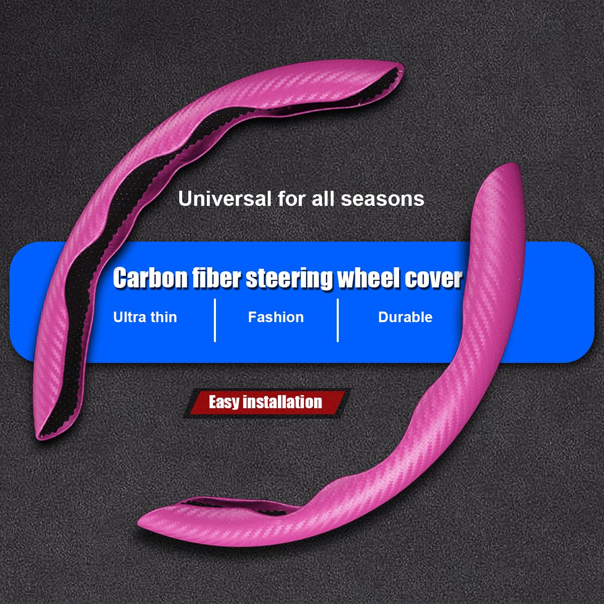 Car Steering Wheel Cover, Carbon Fiber Pu Leather Segmented Steering Wheels Protector, Breathable Anti Slip Durable Auto Interior Accessories For Women Men, 15 Inch Universal For Most Cars (Pink)