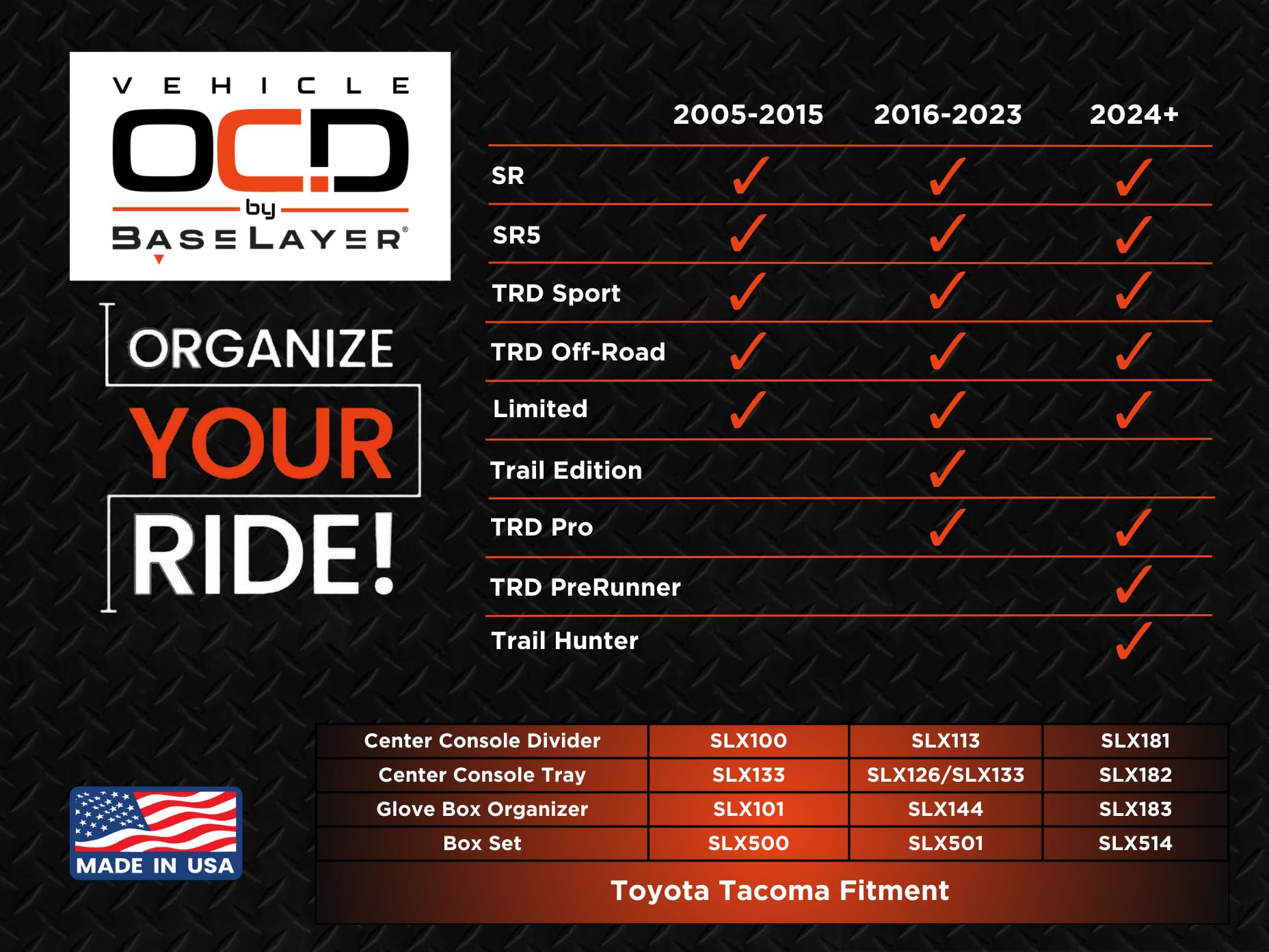 Vehicle Ocd - Center Console Divider, Tray, And Glove Box Organizer For Toyota Tacoma (2024-2025) - Made In Usa - (Not For Tacom