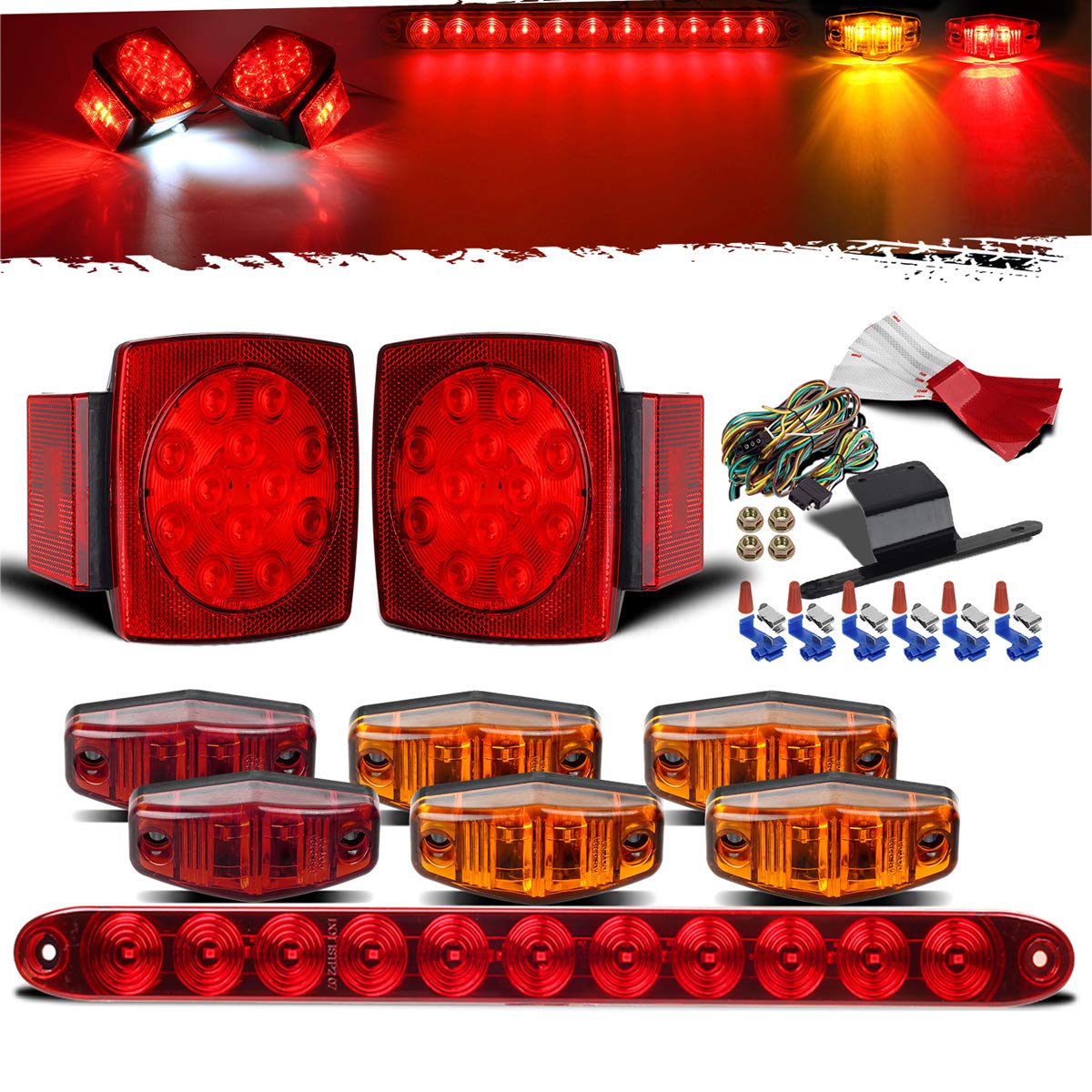 Partsam Submersible Under 80  LED Trailer Light Kit,Square Stop Turn Tail RV Truck Lights w/Wire &Bracket,Red/Amber Side Fender 