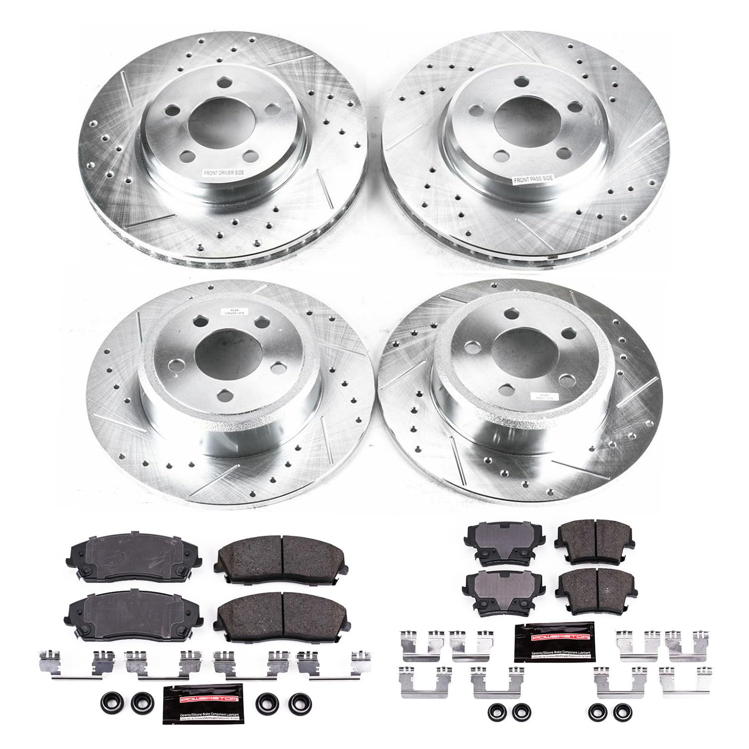 Power Stop K1715 Front and Rear Z23 Carbon Fiber Brake Pads with Drilled and Slotted Brake Rotors Kit For 2005-2021 Chrysler 300
