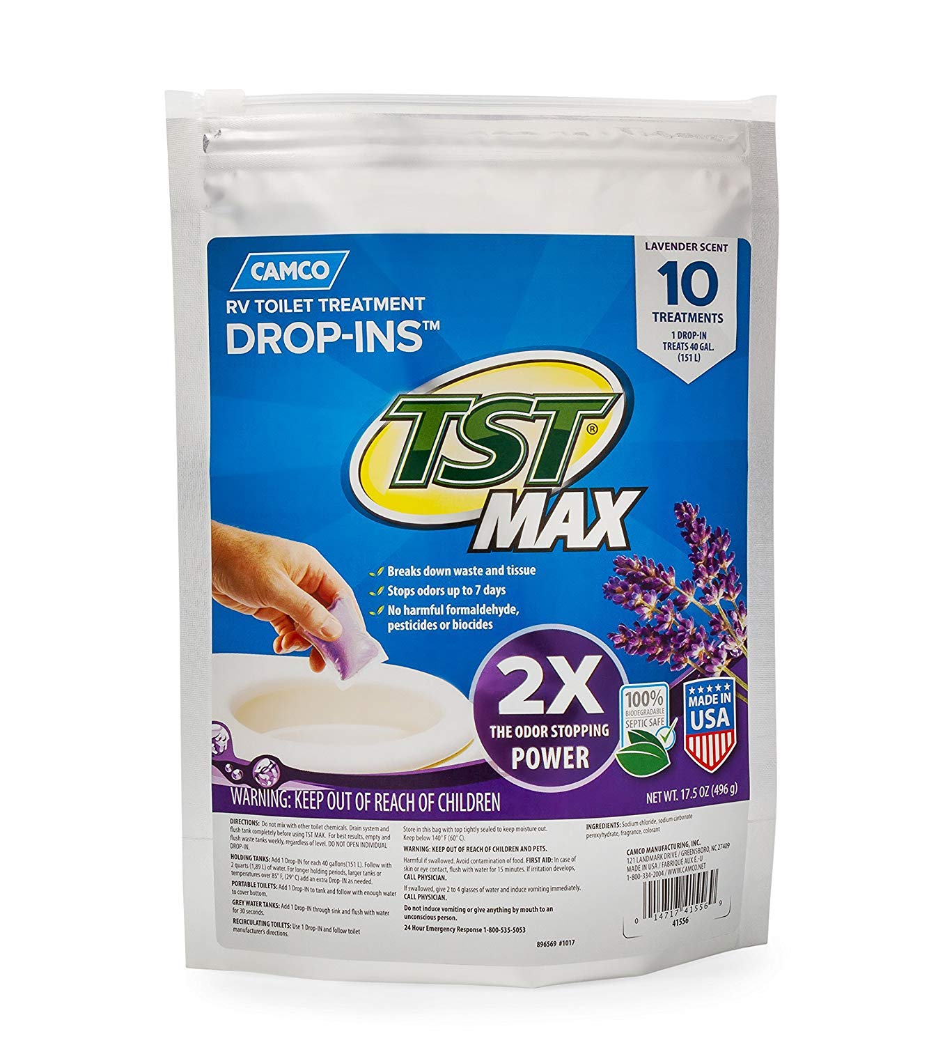 Camco Tst Max Rv Toilet Treatment Drop-Ins - Control Unwanted Odors And Break Down Waste And Tissue - Septic Tank Safe - Lavende
