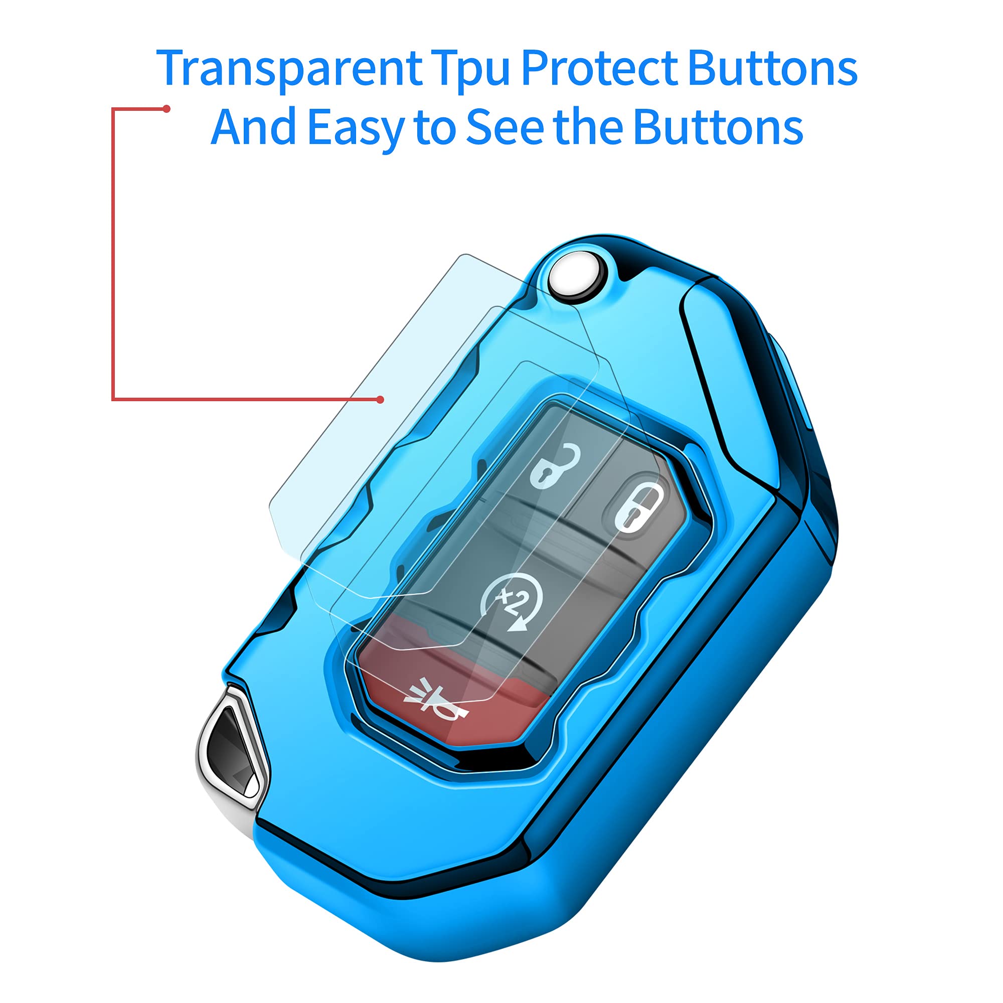 Autophone Compatible With Jeep Key Fob Cover With Leather Keychain Soft Tpu Protection Key Case For 2018 2019 2020 2021 Wrangler Jl Gladiator Remote Key(Aurora Blue)