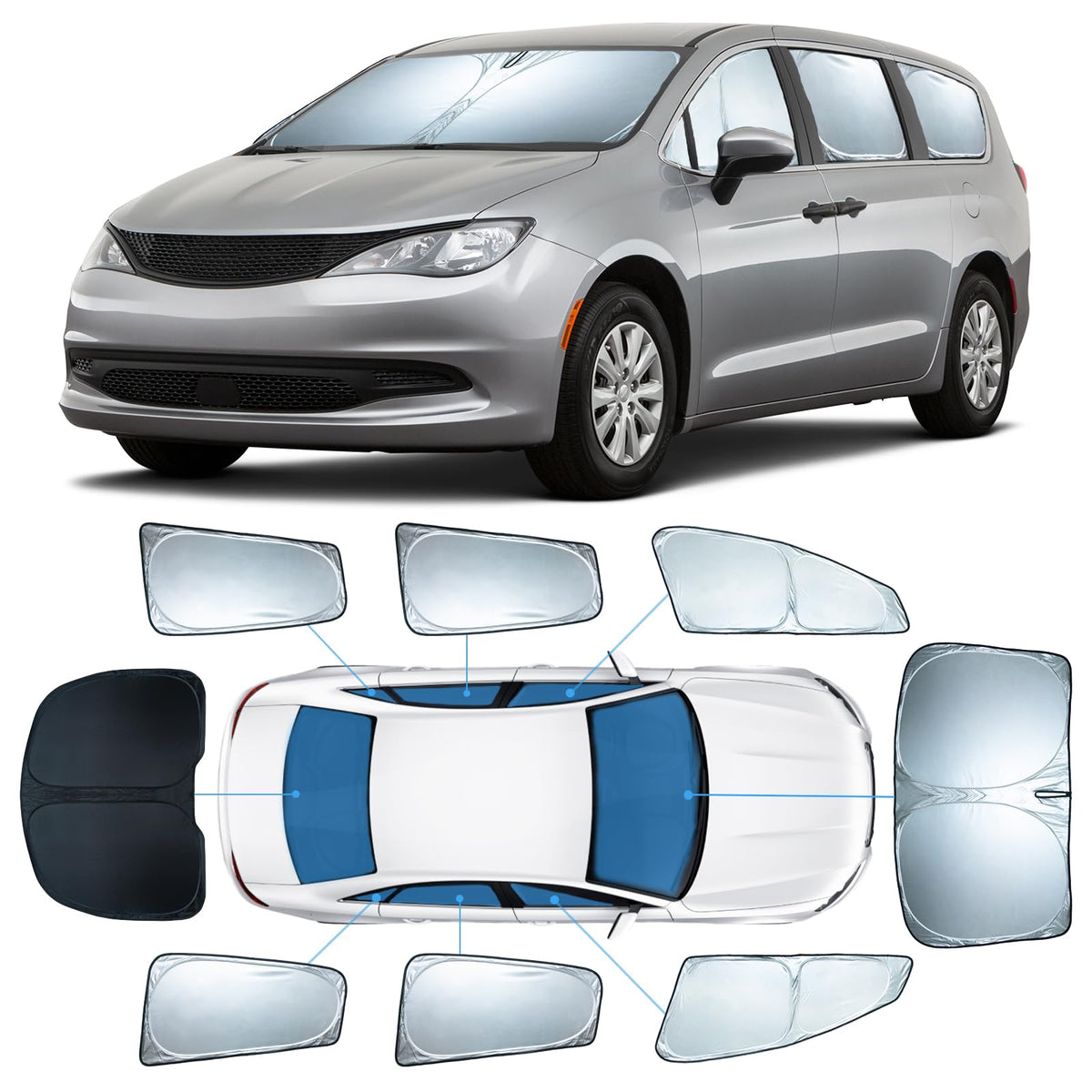 8 PCS Sun Shades for Chrysler Pacifica Windshield Sunshade, 2-Layer Full Window Shades for Pacifica 2017-2025 Front Rear Side Wi