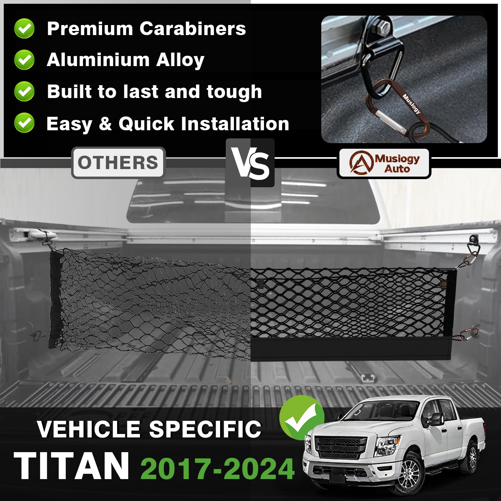 Muslogy Truck Bed Cargo Net Compatible With Nissan Titan 2017-2025 Accessories Storage Organizer Pickup Truck Bed Envelope Style