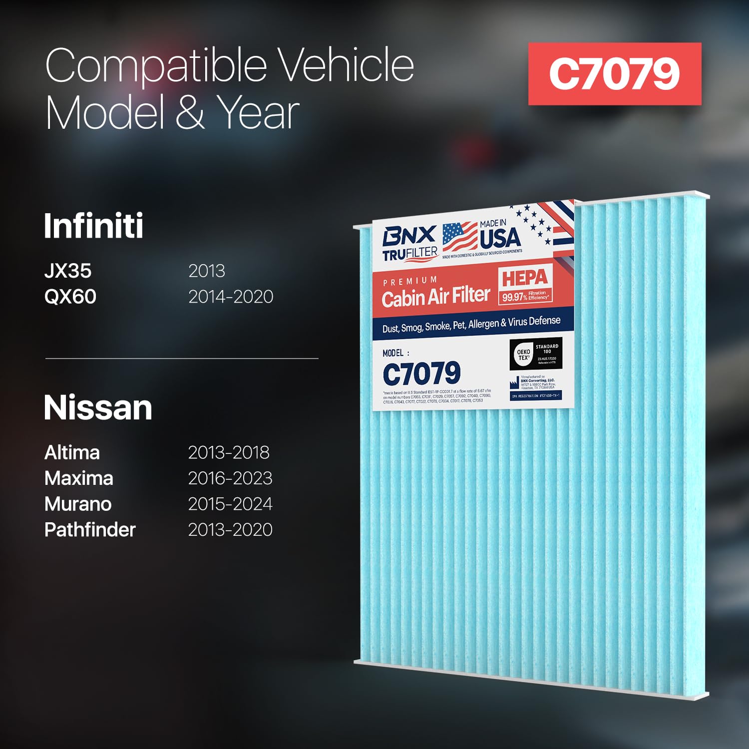 Bnx Trufilter C7079 Cabin Air Filter, Hepa 99.97%, Compatible With Nissan Altima, Maxima, Murano, Pathfinder; Infiniti Jx35, Q60