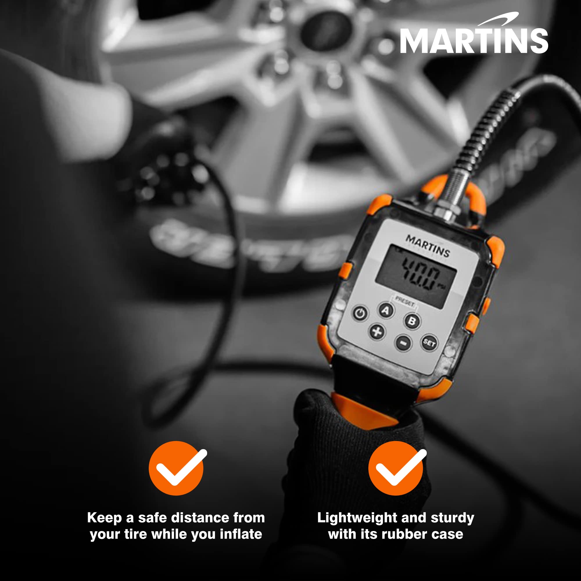 Martins Industries Flatematic Handheld Automatic Tire Inflator - up to 174 PSI, Inflate and Deflate Automatically, Rechargeable
