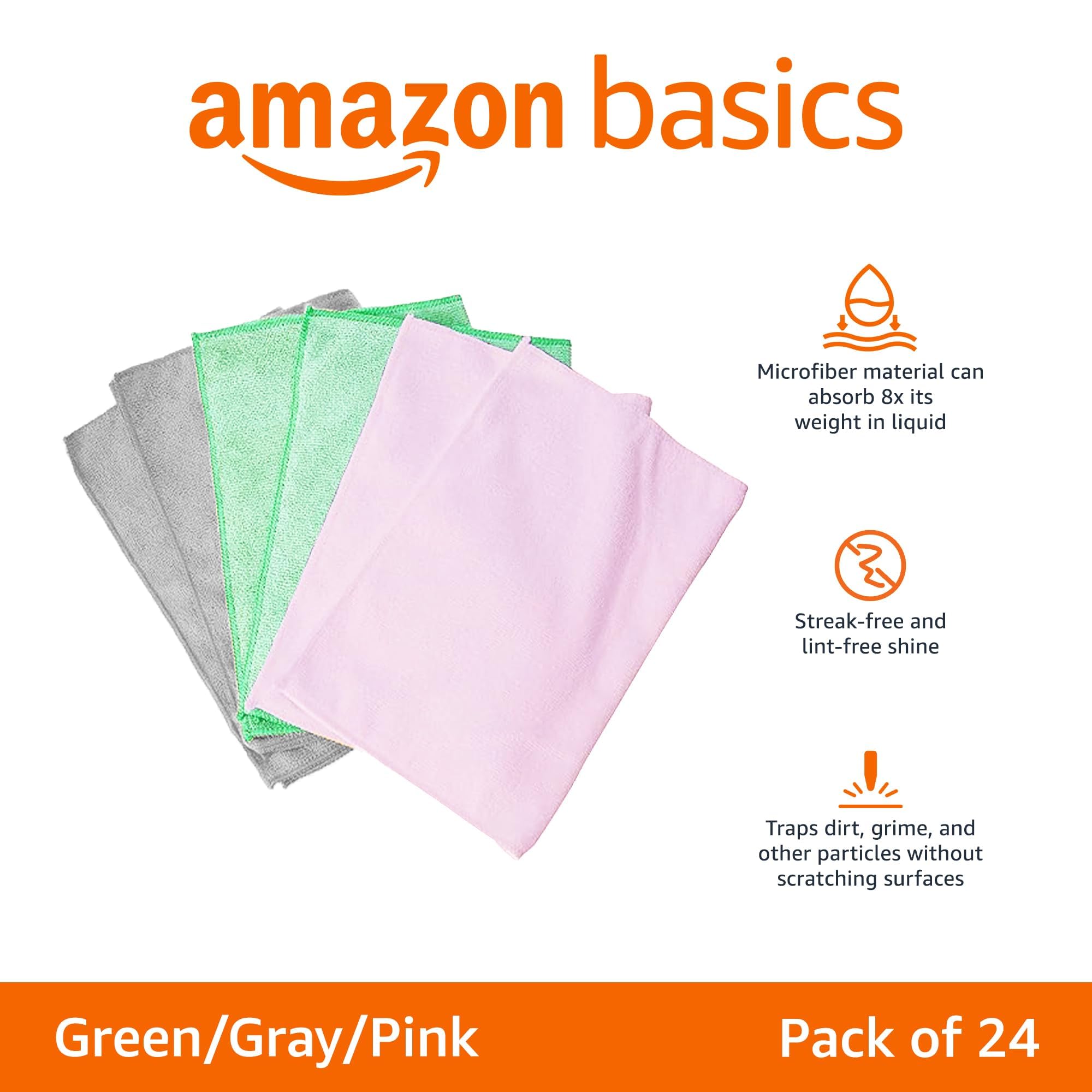 Amazon Basics Microfiber Cleaning Cloths, Ultra Soft And Absorbent, Free From Streaks/Lint/Scratch For Cars, 16'' X 12'', Green/