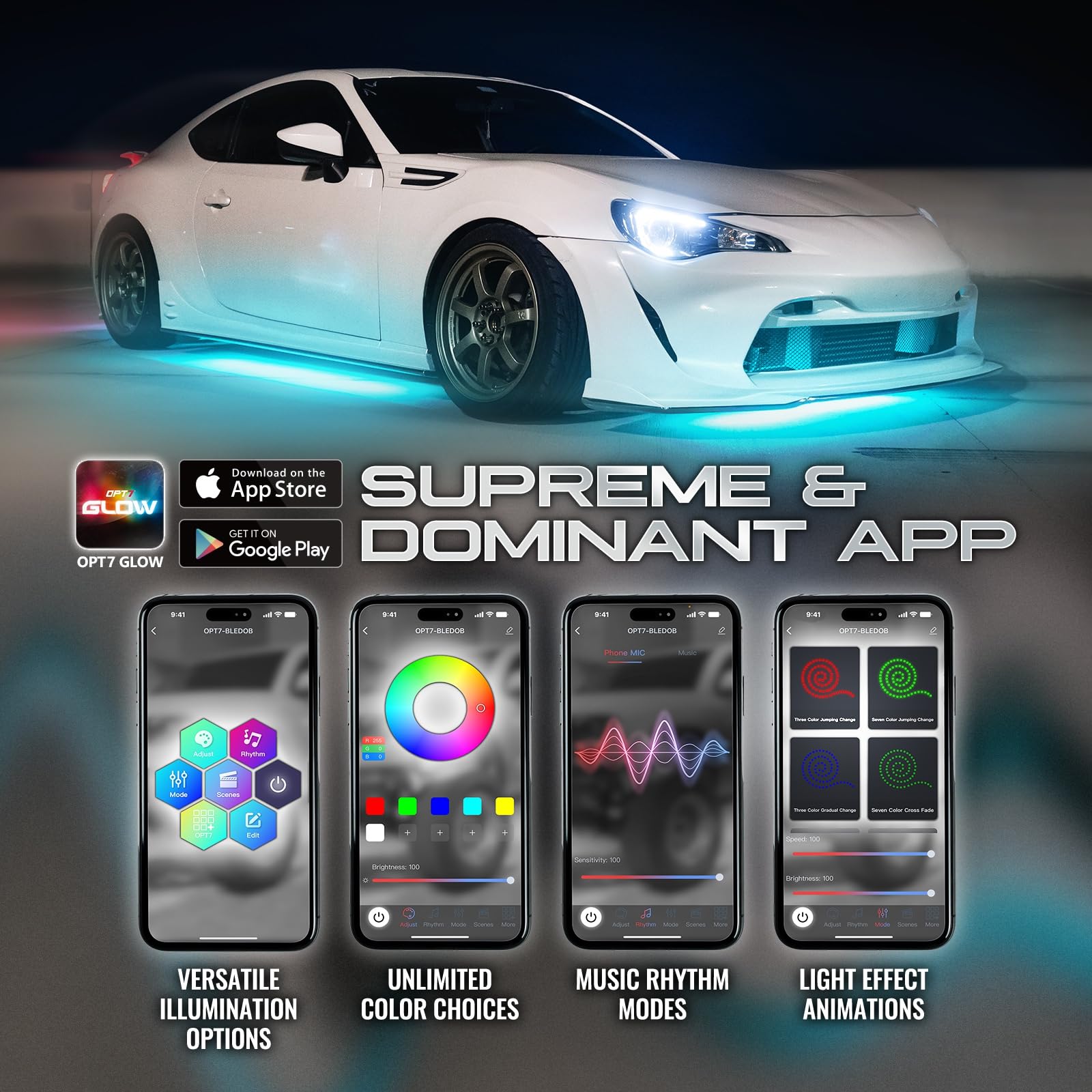 Opt7 Aura Flexible Underglow Car Lights With App & Remote Control, Exterior Neon Accent Underbody Lighting Kit, 4 Pcs Rgb Led Li