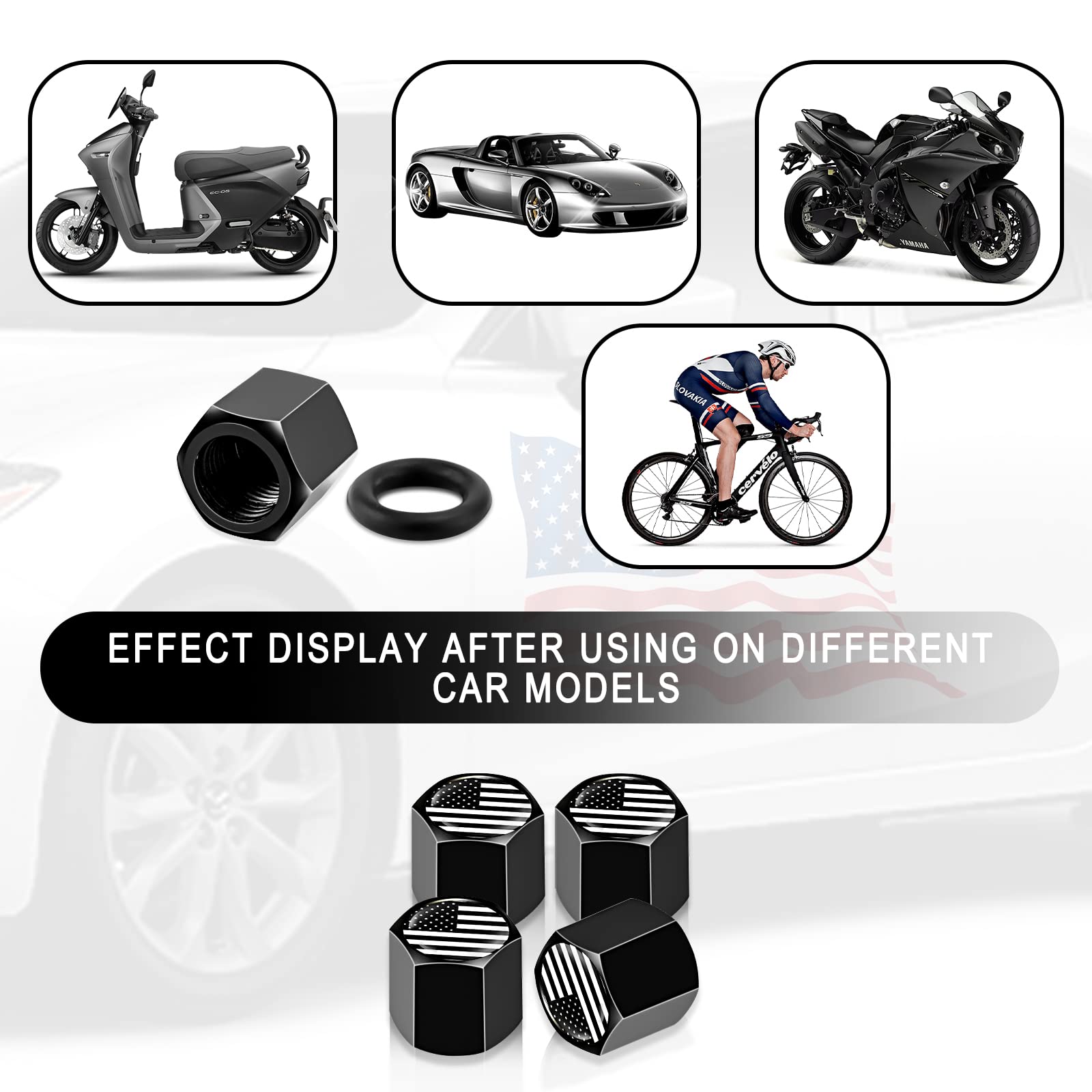 Ajxn 4 Pcs B&W American Flag Car Wheel Tire Valve Stem Caps Airtight Dust Proof Covers Universal Tire Air Valve Caps For Cars, T