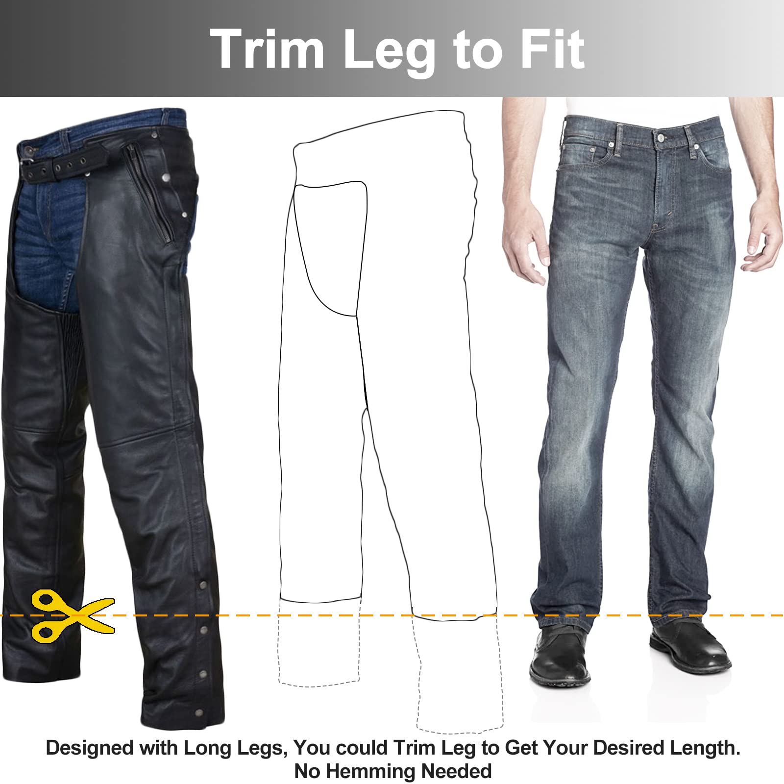 Dream Apparel Black Motorcycle Leather Chaps for Men Women Riding with Zip Out Liner, Cowboy Biker Chap Pants with Four Deep Pockets, S