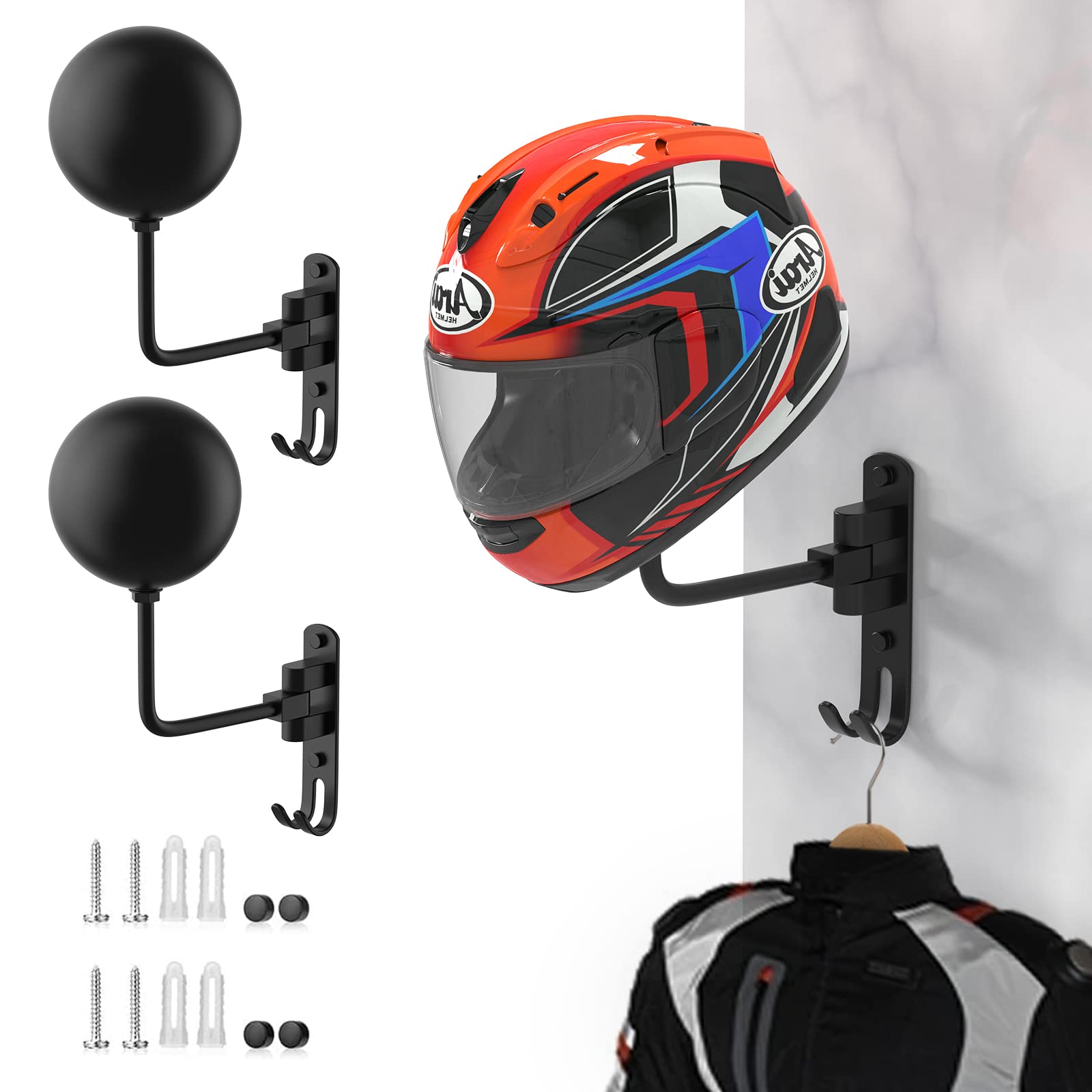 Lifxize Helmet Hanger Helmet Hanger Wall Mount 180° Rotation With 2 Hooks Helmet Holder For Motorcycle Bike Racing Coats Suit Sports Gear - 2 Pack