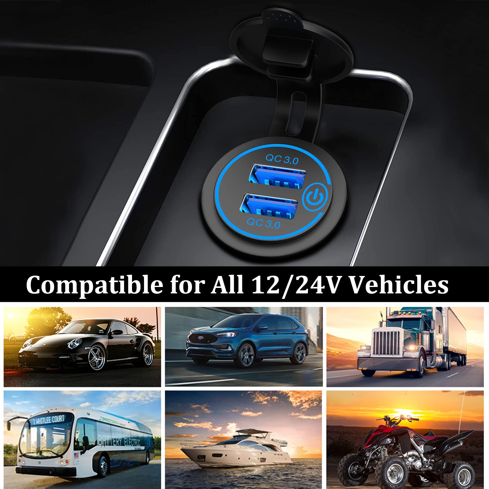 [2 Pack] 12V Usb Outlet, Quick Charge 3.0 Dual Usb Power Outlet With Touch Switch, Waterproof 12V/24V Fast Charge Usb Charger So