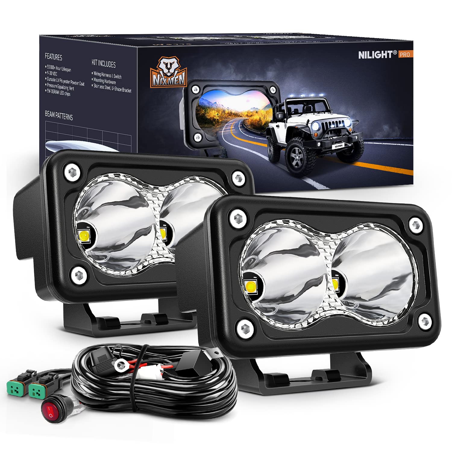 Nilight 2 Pcs 3 Inch Motorcycle Led Pods 1300Lm Built-In Emc Driving Lights Super Spotlight Offroad Fog Light W/ 16Awg Dt Wiring