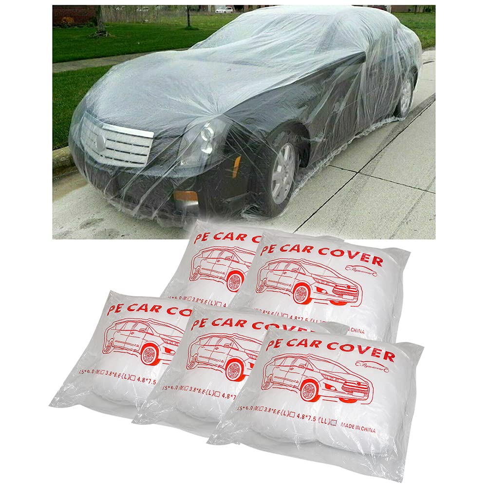 Zxmoto Disposable Car Cover 5 Pack Clear Plastic Car Cover Universal Rain Dust Garage Cover With Elastic Band Large (15.7' X 24.