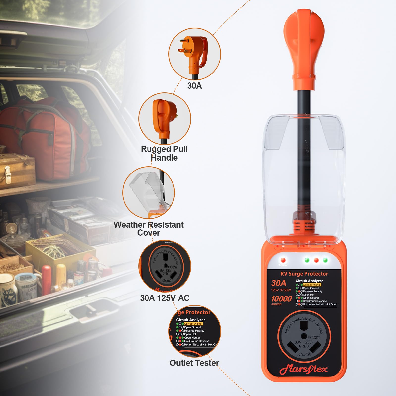 Marsflex Rv Surge Protector, 30 Amp Rv Circuit Analyzer, 10000 Joules Surge Protection With Waterproof Cover, Led Display, Rv Vo