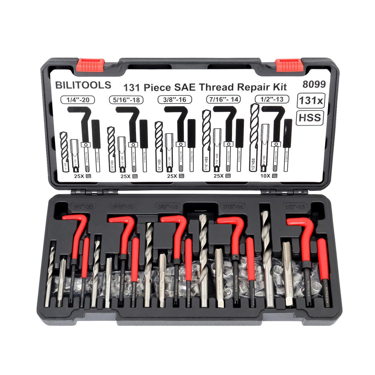 Bilitools Thread Repair Kit Sae, 131-Piece Hss Drill Helicoil Repair Kit 1/4'' 5/16'' 3/8'' 7/16'' 1/2''