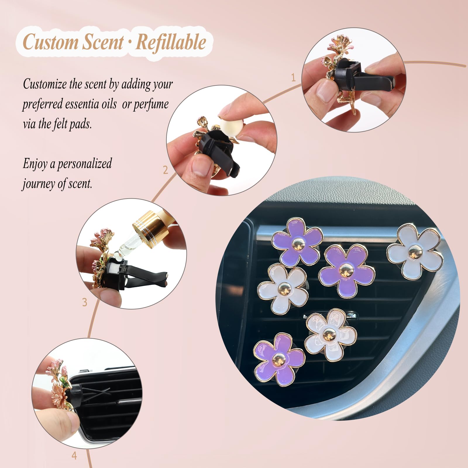 Oriesse 6Pcs Flowers Car Air Freshener Vent Clips Purple White Daisy Air Vent Clip Car Accessories For Women 3.3Cm/3Cm Flower Ve