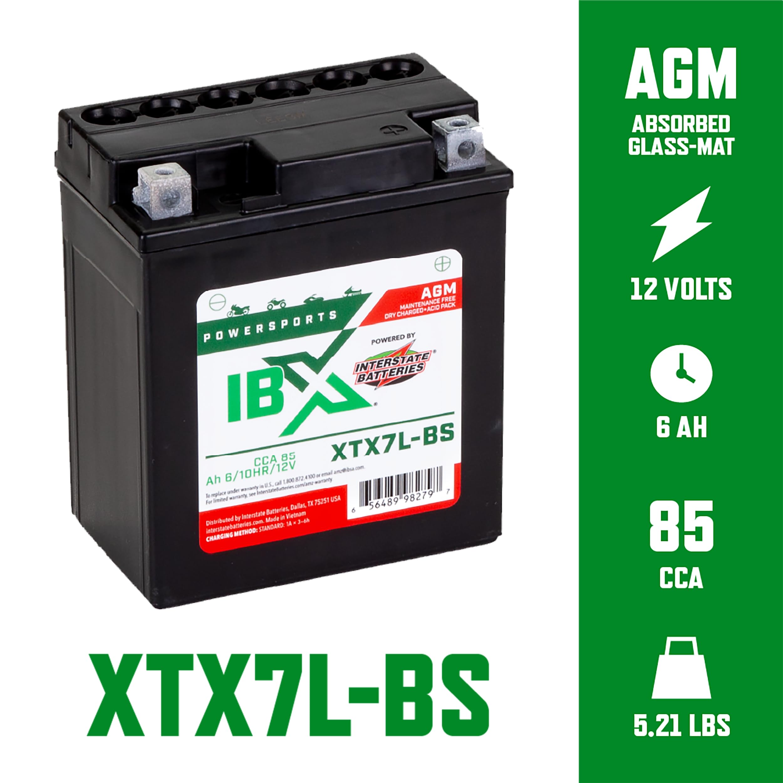 Interstate Batteries Ytx7L-Bs 12V 6Ah Powersports Battery 85Cca Agm Rechargeable Replacement For Honda, Suzuki, Piaggio Motorcyc