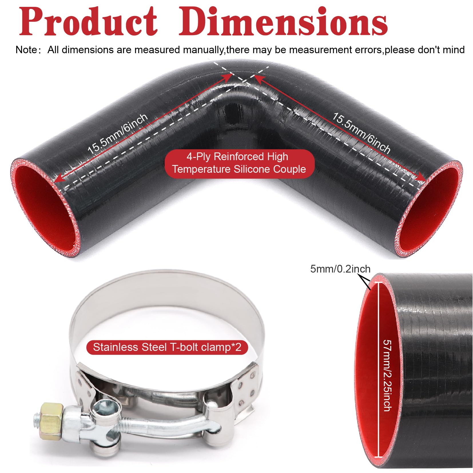 Taukealugs 90 Degree Elbow Coupler Silicone Hose 4-Ply 2.25-Inch(57Mm) For Turbo/Intercooler/Intake Piping,Length 120Mm Thicknes