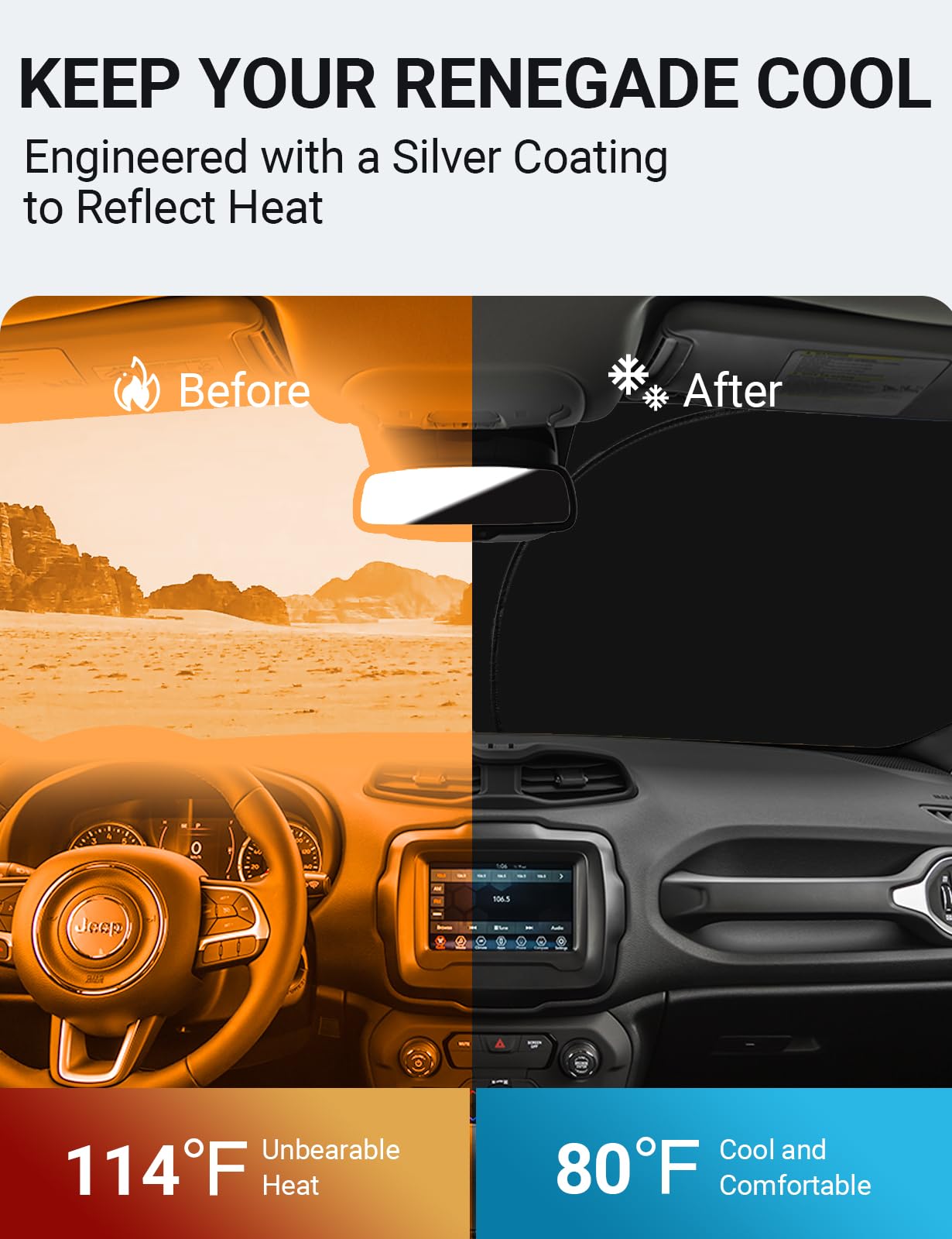 Proadsy 2025 Upgrade Front Windshield Sun Shade Foldable Sunshade Protector Custom Fit 2015-2024 2025 Jeep Renegade Suv, Sport, Latitude, Limited, Trailhawk, Altitude Winter Accessories