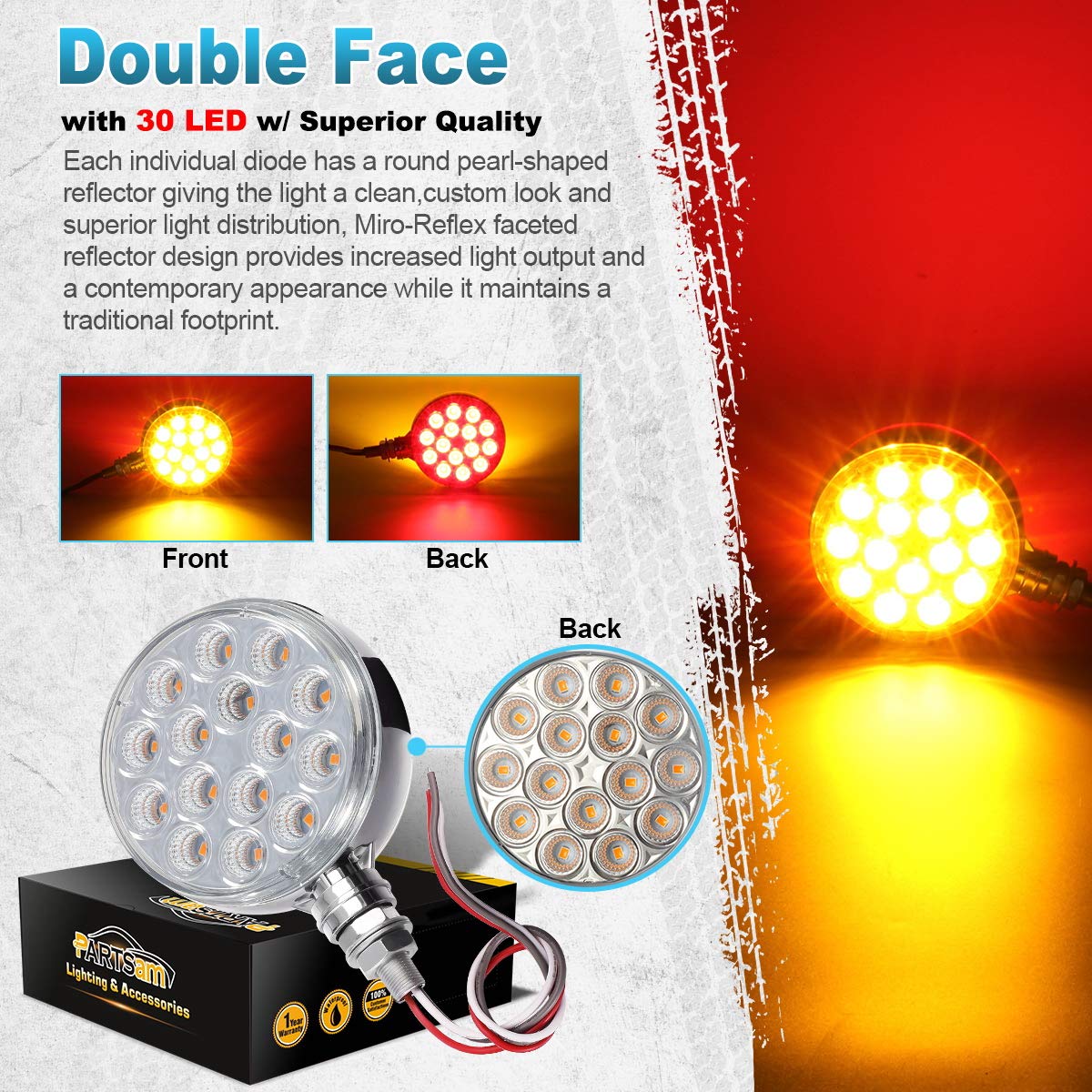 Partsam 2pc 3'' Red/Amber Double Face Chrome Round Pedestal Lights 30 LED Sealed Clear Lens Fender Mount Stop Turn Tail Lights R
