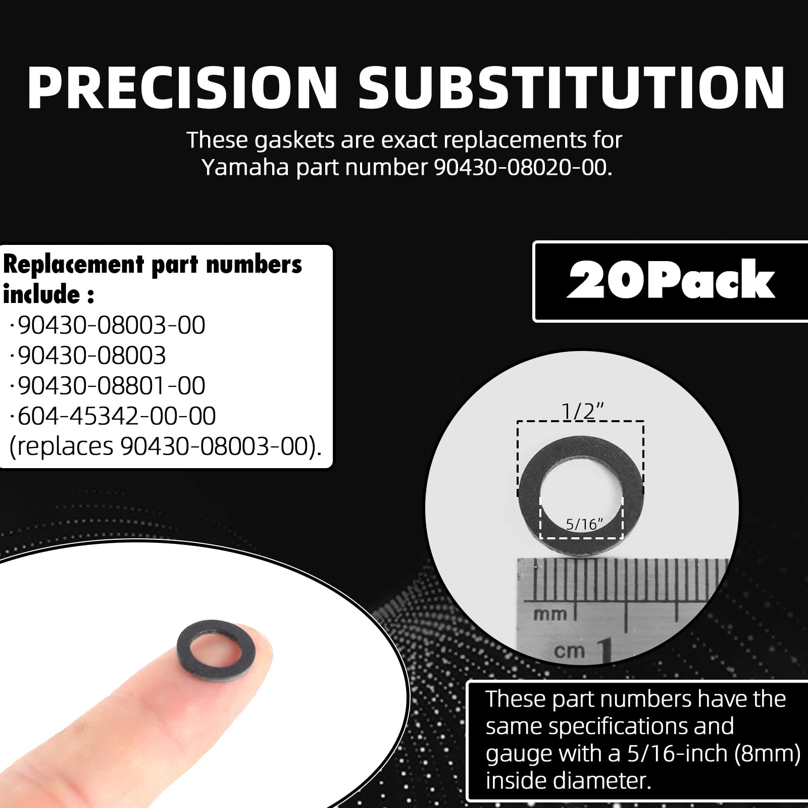 Tongass (20-Pack, Black) Exact Replacement For Yamaha 90430-08020-00 & 90430-08003-00 - Lower Gear Case Oil Drain Gaskets - Japanese Hard Fiberboard Gaskets - Fits For Yamaha 4-Stroke Outboard Motors